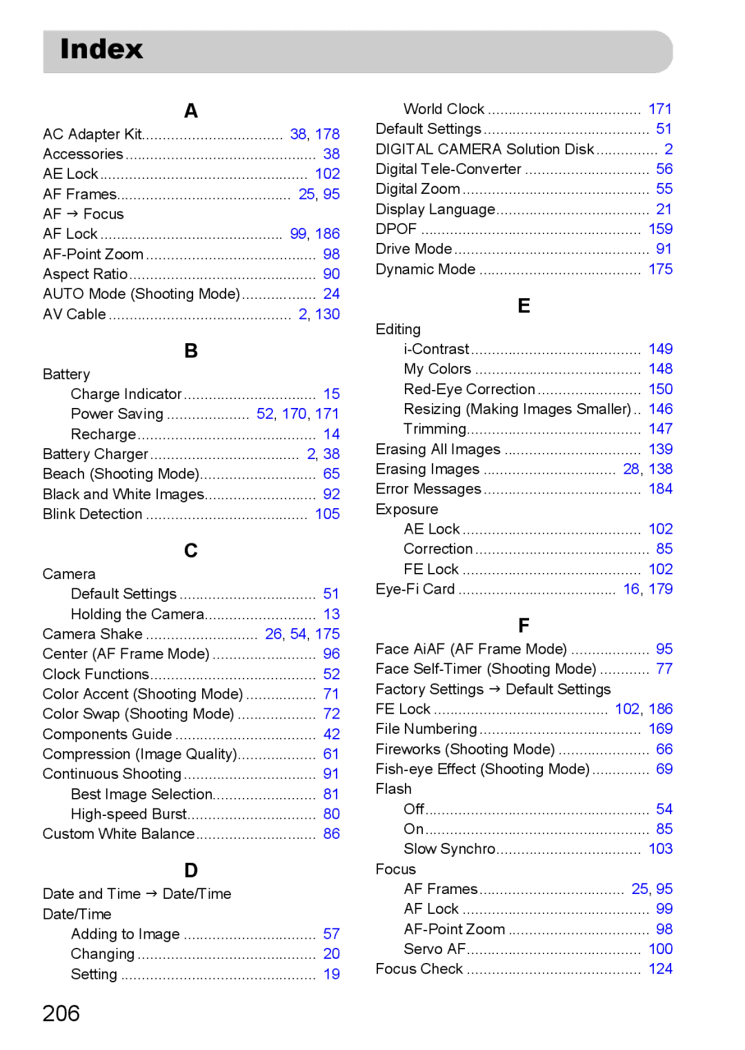 Canon 117 HS, 115 HS manual Index, 206 