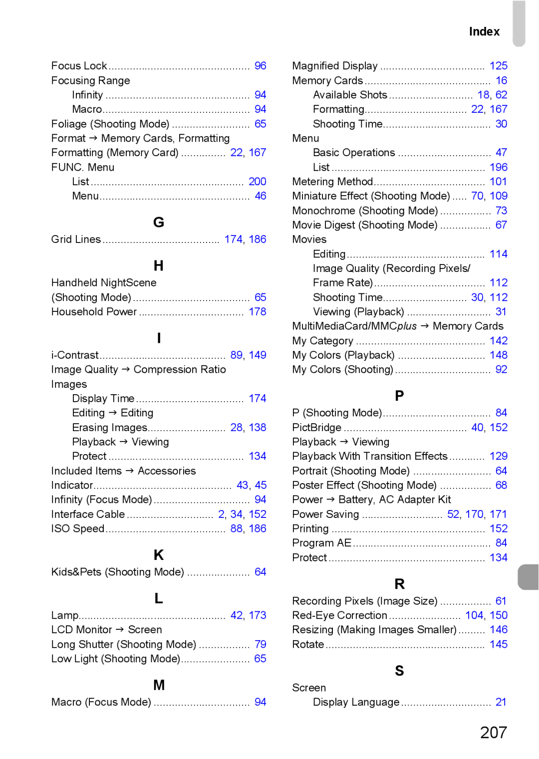 Canon 115 HS, 117 HS manual 207, Index 