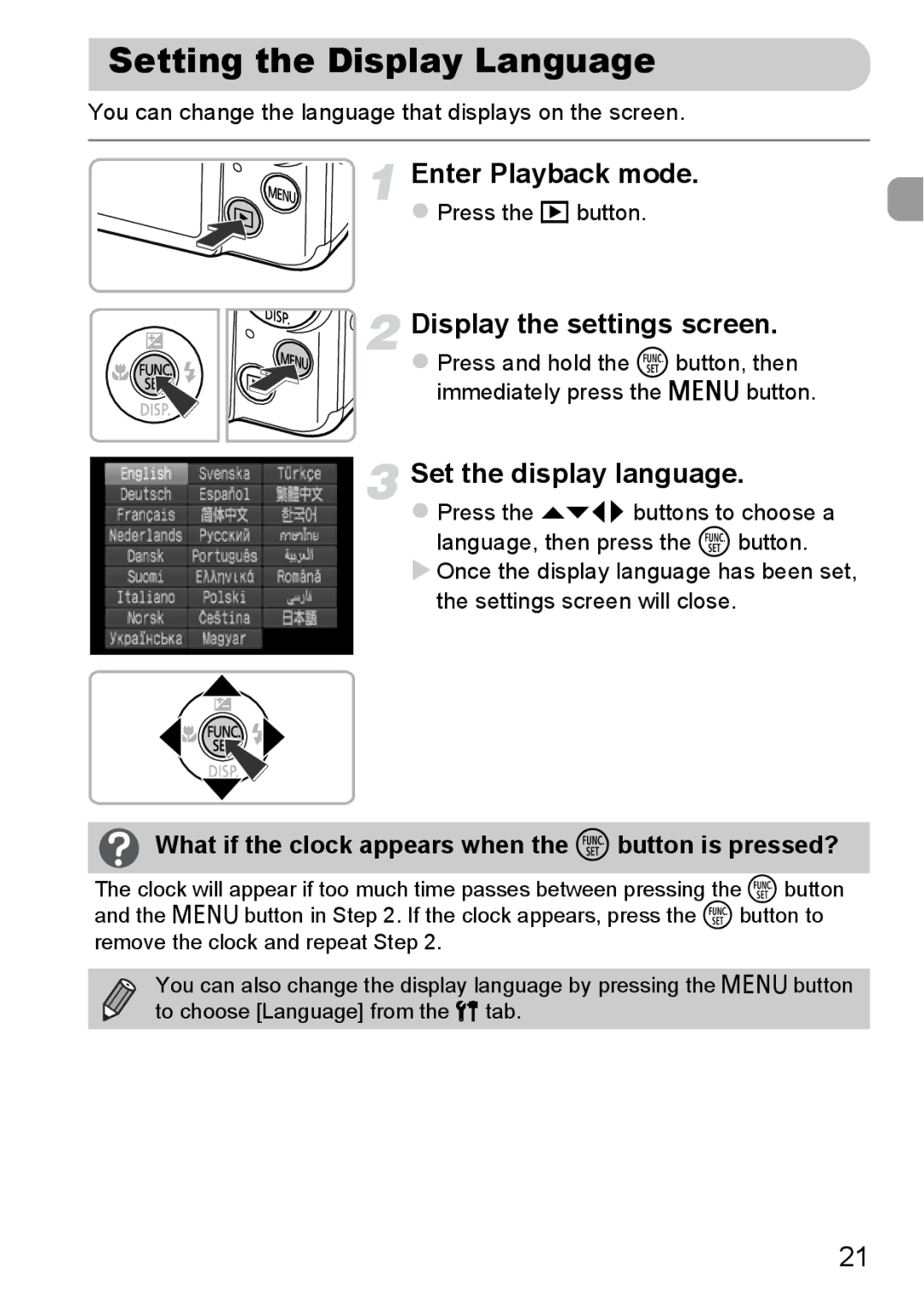 Canon 115 HS Setting the Display Language, Enter Playback mode, Display the settings screen, Set the display language 