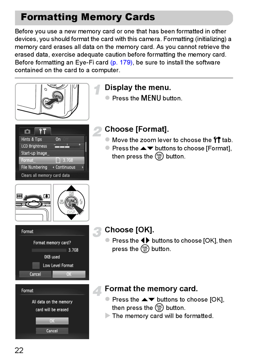 Canon 117 HS, 115 HS manual Formatting Memory Cards, Choose Format, Choose OK, Format the memory card 