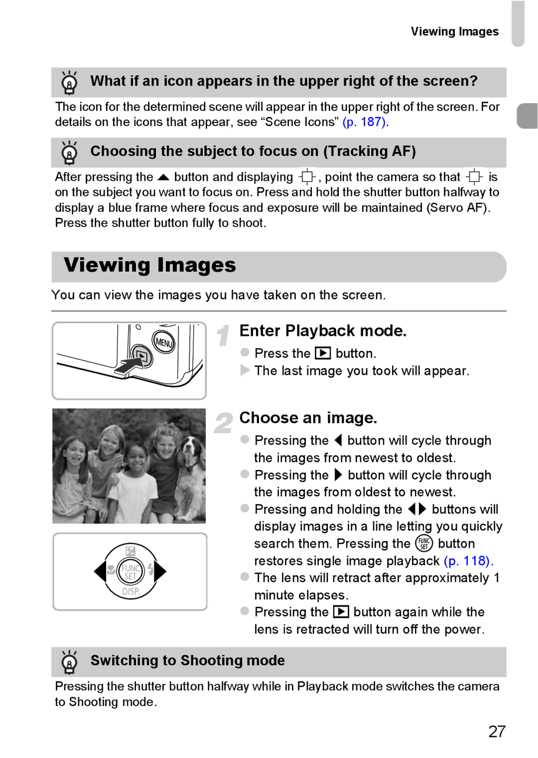 Canon 115 HS, 117 HS manual Viewing Images, Choose an image, What if an icon appears in the upper right of the screen? 