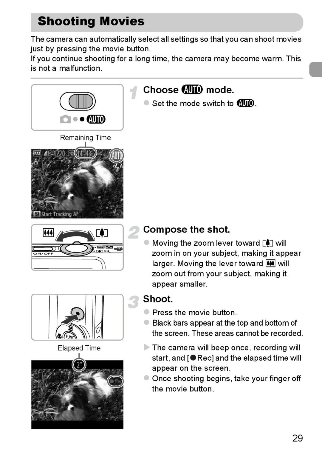 Canon 115 HS, 117 HS manual Shooting Movies, Choose a mode,  Set the mode switch to a,  Press the movie button 