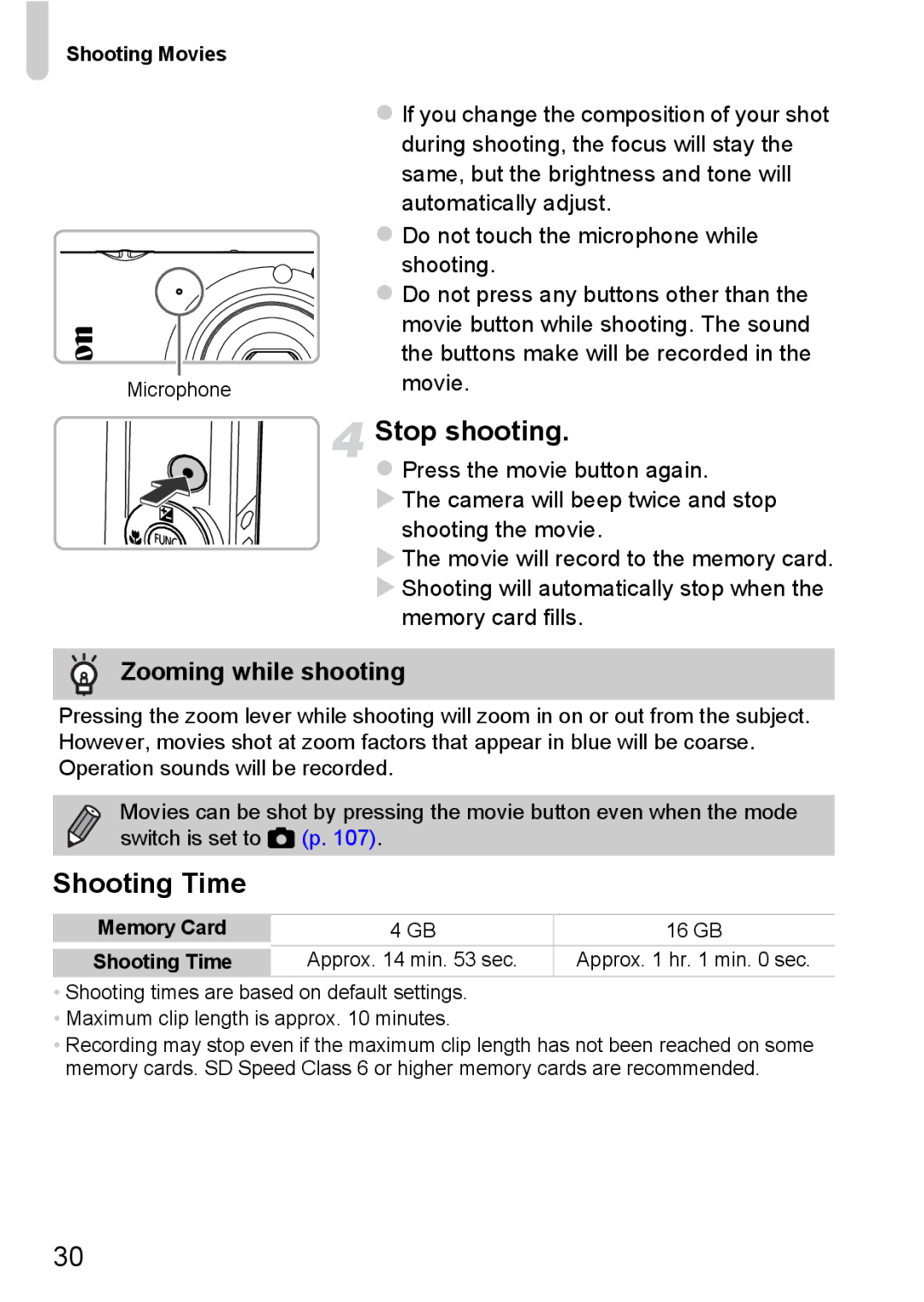 Canon 117 HS, 115 HS manual Stop shooting, Shooting Time, Zooming while shooting 