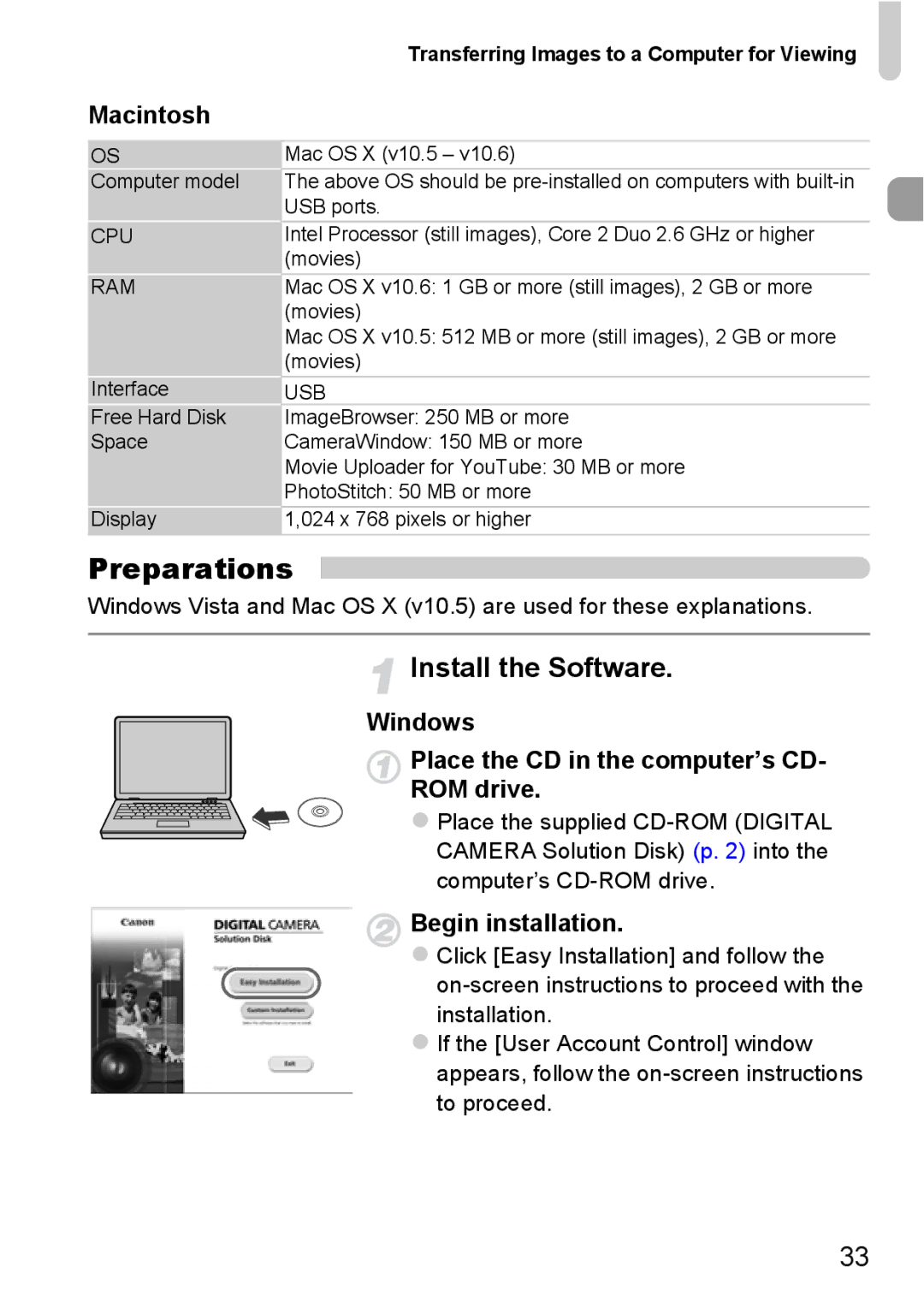 Canon 115 HS, 117 HS Preparations, Install the Software, Macintosh, Windows Place the CD in the computer’s CD ROM drive 