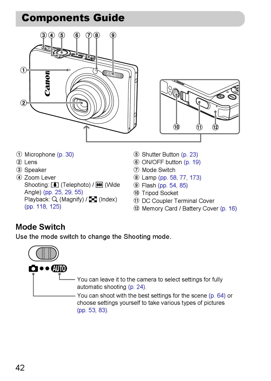 Canon 117 HS, 115 HS manual Components Guide, Mode Switch, Use the mode switch to change the Shooting mode 