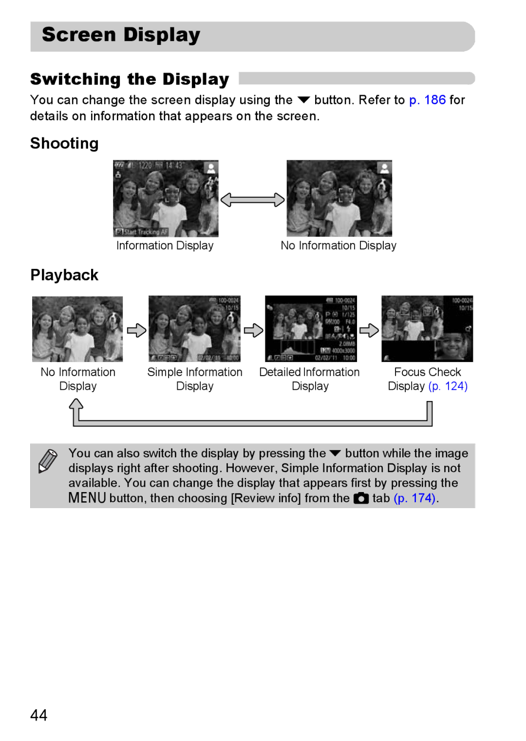 Canon 117 HS, 115 HS manual Screen Display, Switching the Display, Shooting, Playback 