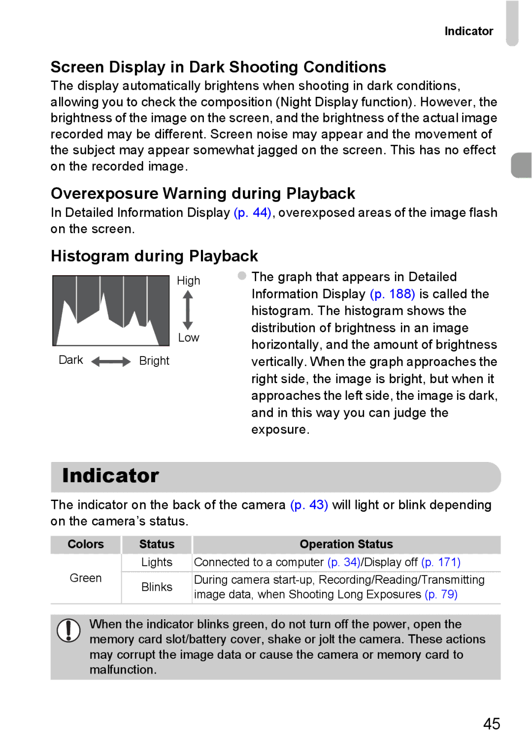 Canon 115 HS, 117 HS manual Indicator, Screen Display in Dark Shooting Conditions, Overexposure Warning during Playback 