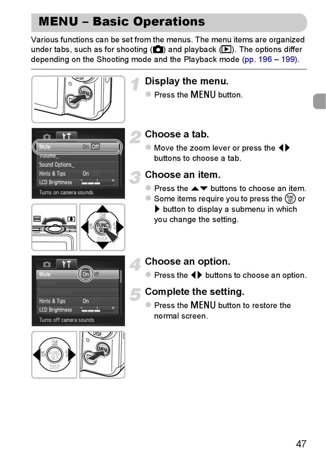 Canon 115 HS, 117 HS manual Menu Basic Operations, Choose a tab, Choose an item,  Press the qr buttons to choose an option 