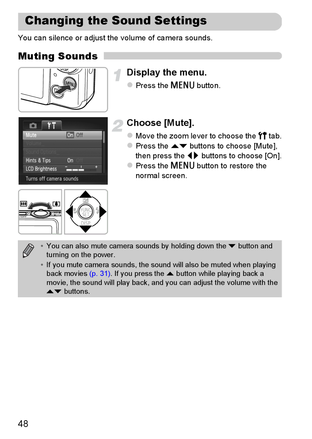 Canon 117 HS, 115 HS manual Changing the Sound Settings, Muting Sounds, Choose Mute 