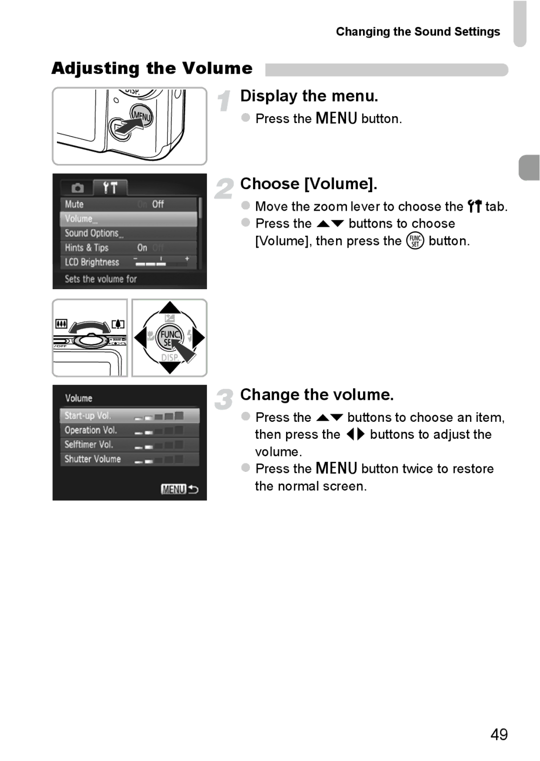 Canon 115 HS, 117 HS manual Adjusting the Volume, Choose Volume, Change the volume, Changing the Sound Settings 