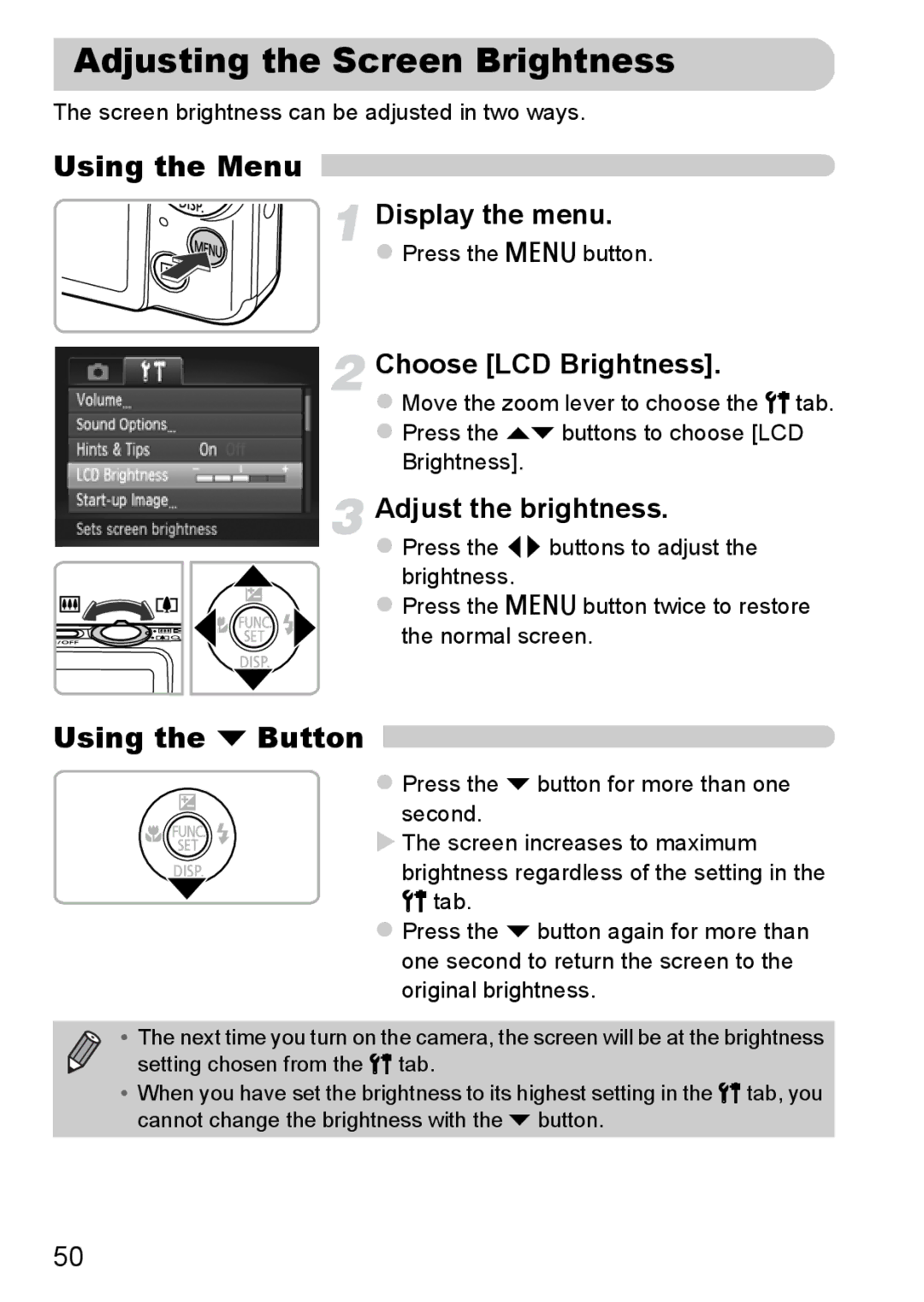 Canon 117 HS, 115 HS manual Adjusting the Screen Brightness, Using the Menu, Using the p Button, Choose LCD Brightness 