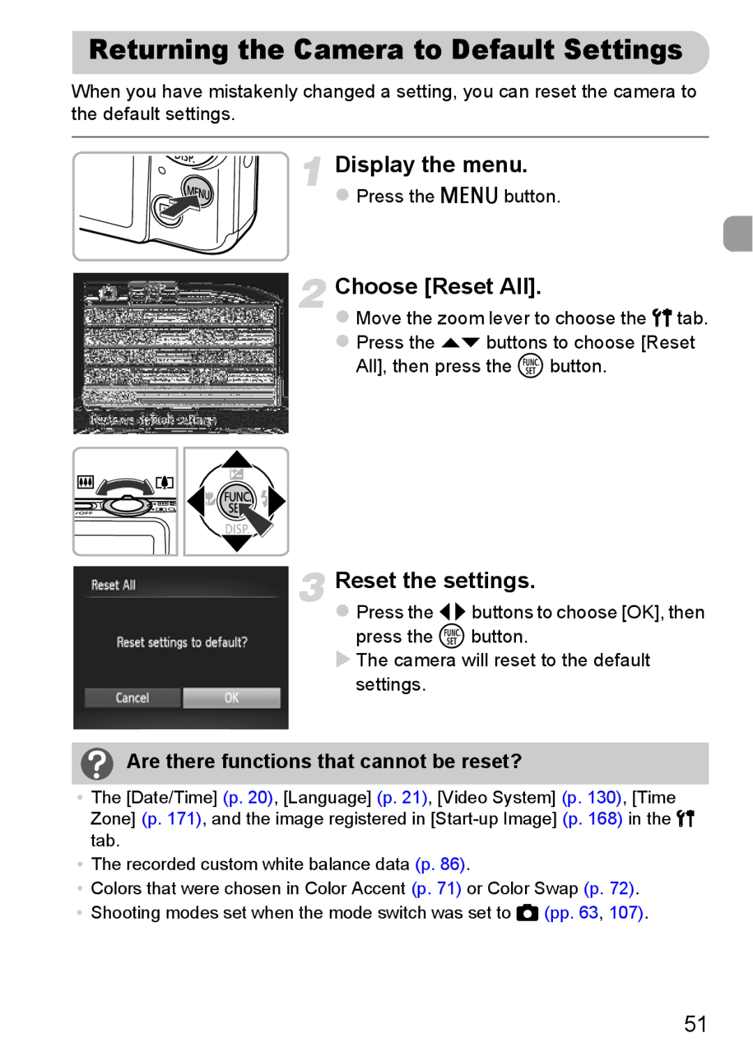 Canon 115 HS, 117 HS manual Returning the Camera to Default Settings, Choose Reset All, Reset the settings 