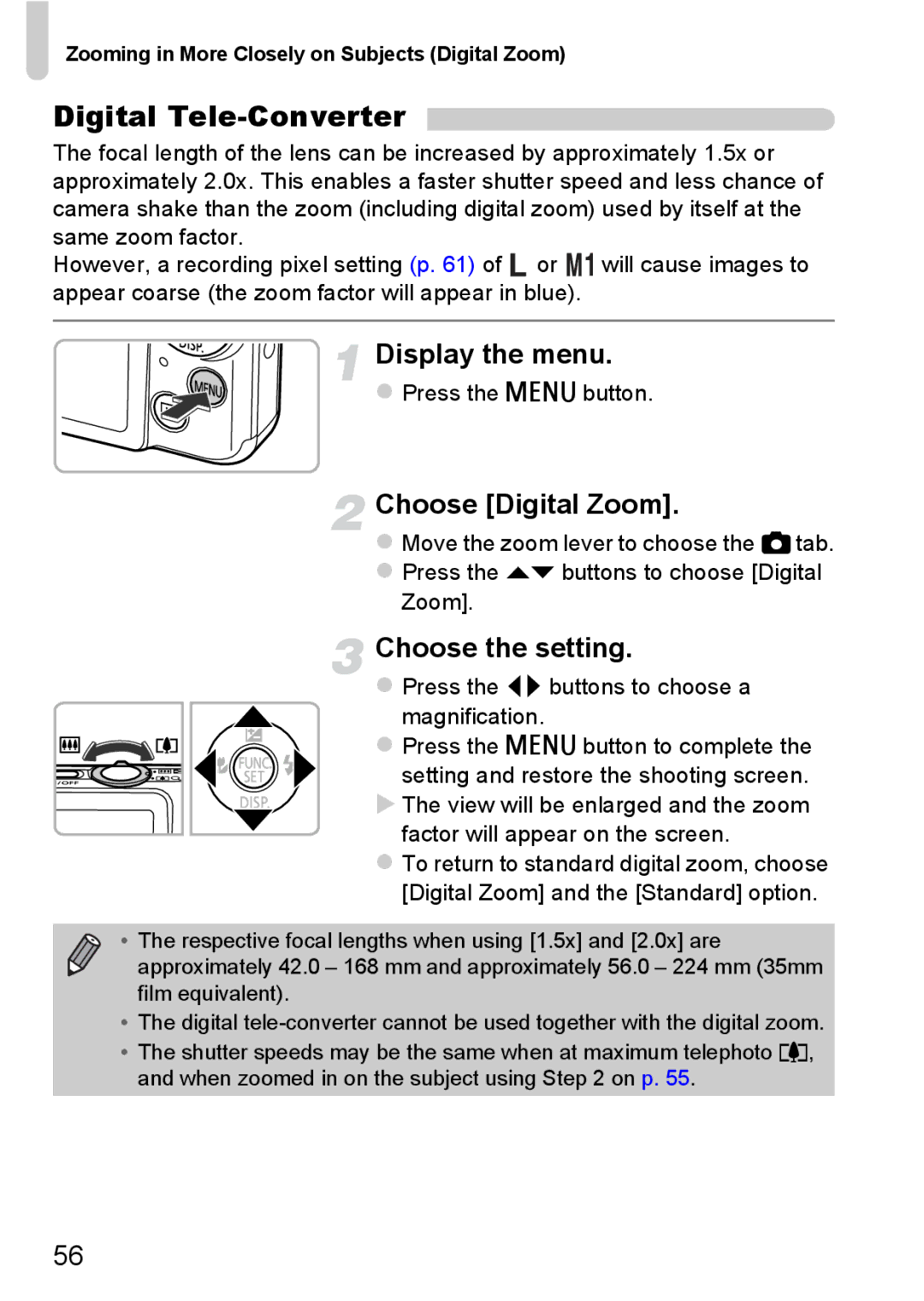 Canon 117 HS, 115 HS manual Digital Tele-Converter, Choose Digital Zoom, Choose the setting 