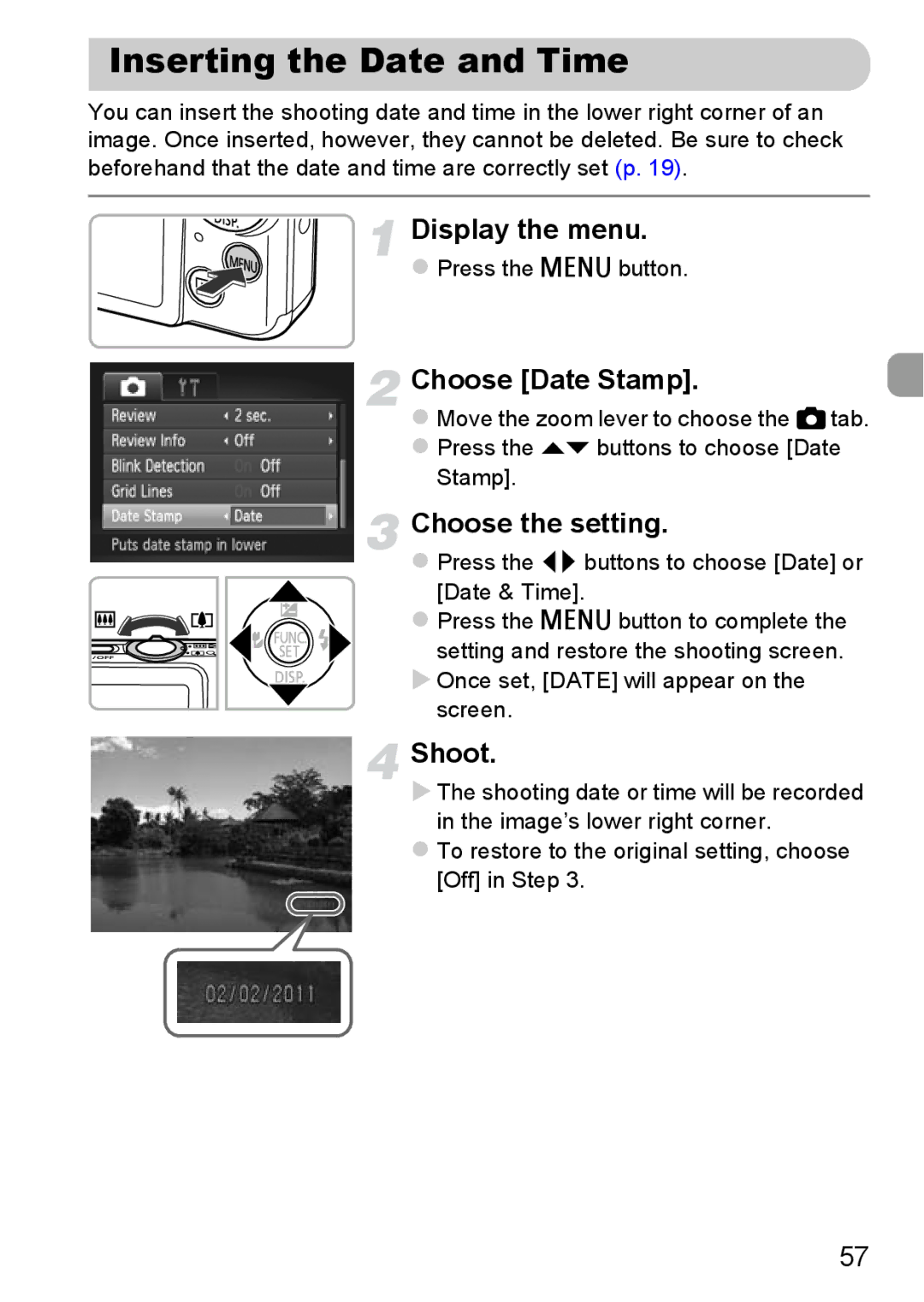 Canon 115 HS, 117 HS Inserting the Date and Time, Choose Date Stamp,  Press the qr buttons to choose Date or Date & Time 