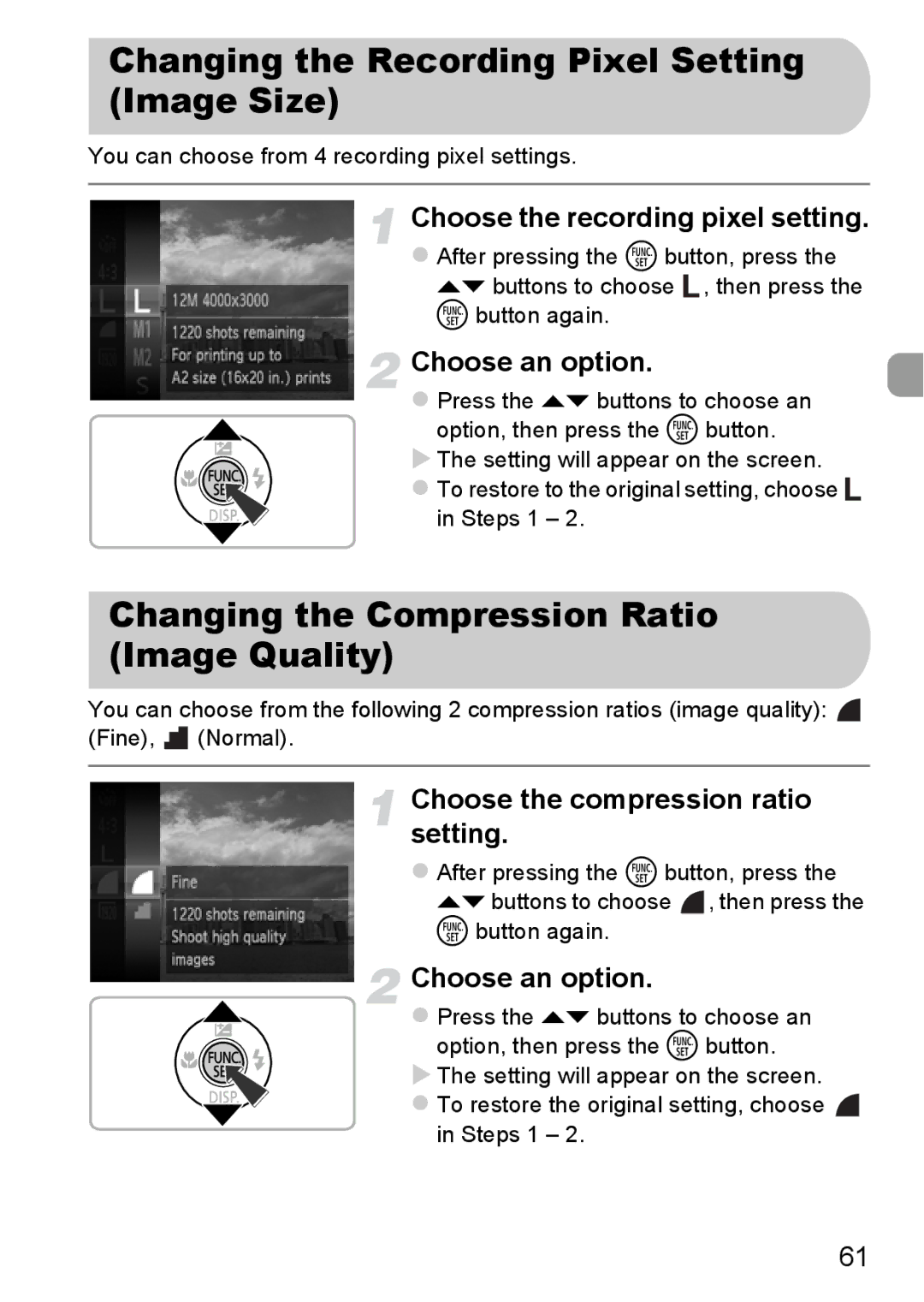 Canon 115 HS, 117 HS manual Changing the Recording Pixel Setting Image Size, Changing the Compression Ratio Image Quality 