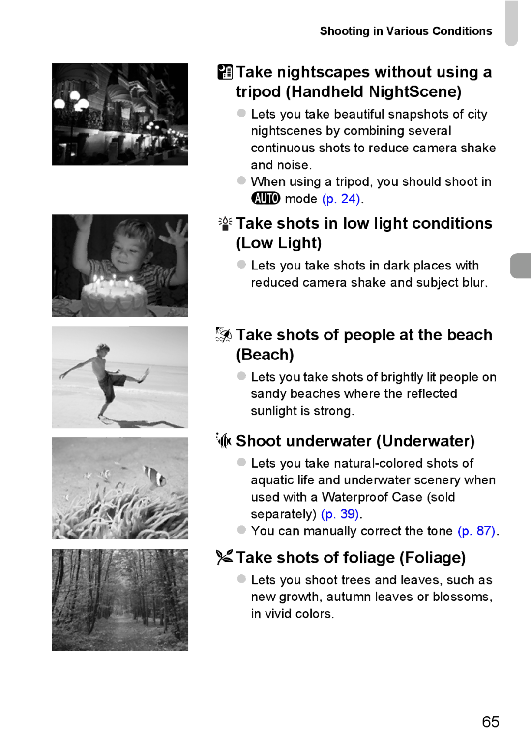 Canon 115 HS Take nightscapes without using a tripod Handheld NightScene, Take shots in low light conditions Low Light 