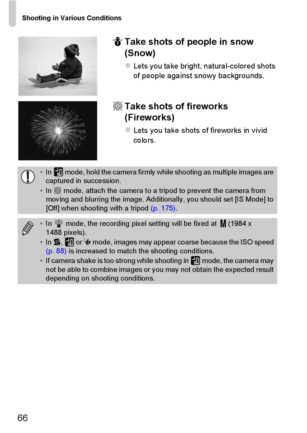 Canon 117 HS, 115 HS manual PTake shots of people in snow Snow, TTake shots of fireworks Fireworks 