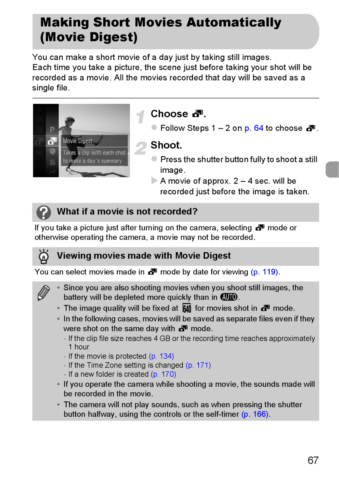 Canon 115 HS, 117 HS manual Making Short Movies Automatically Movie Digest, What if a movie is not recorded? 