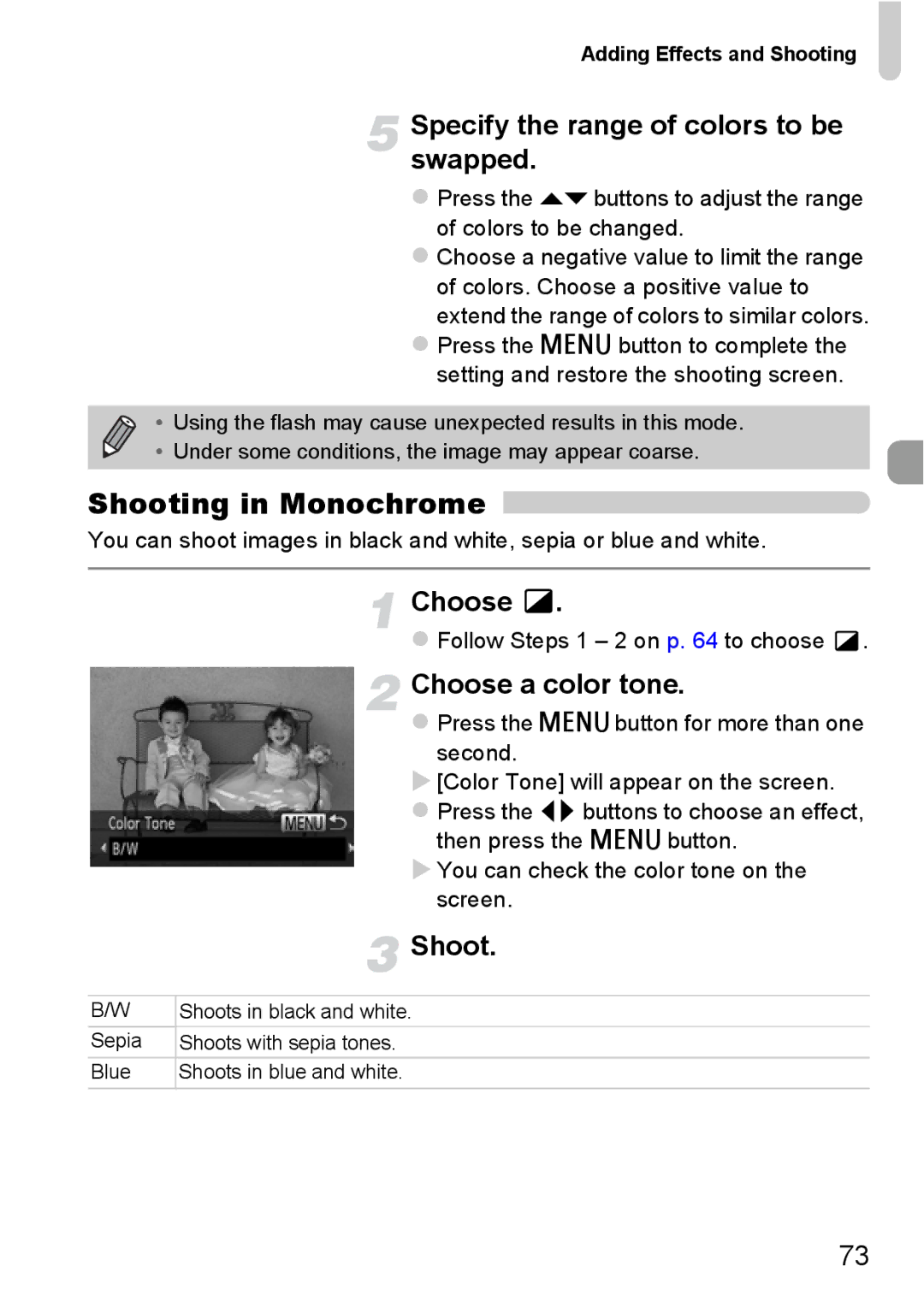 Canon 115 HS, 117 HS manual Shooting in Monochrome, Specify the range of colors to be swapped, Choose a color tone 