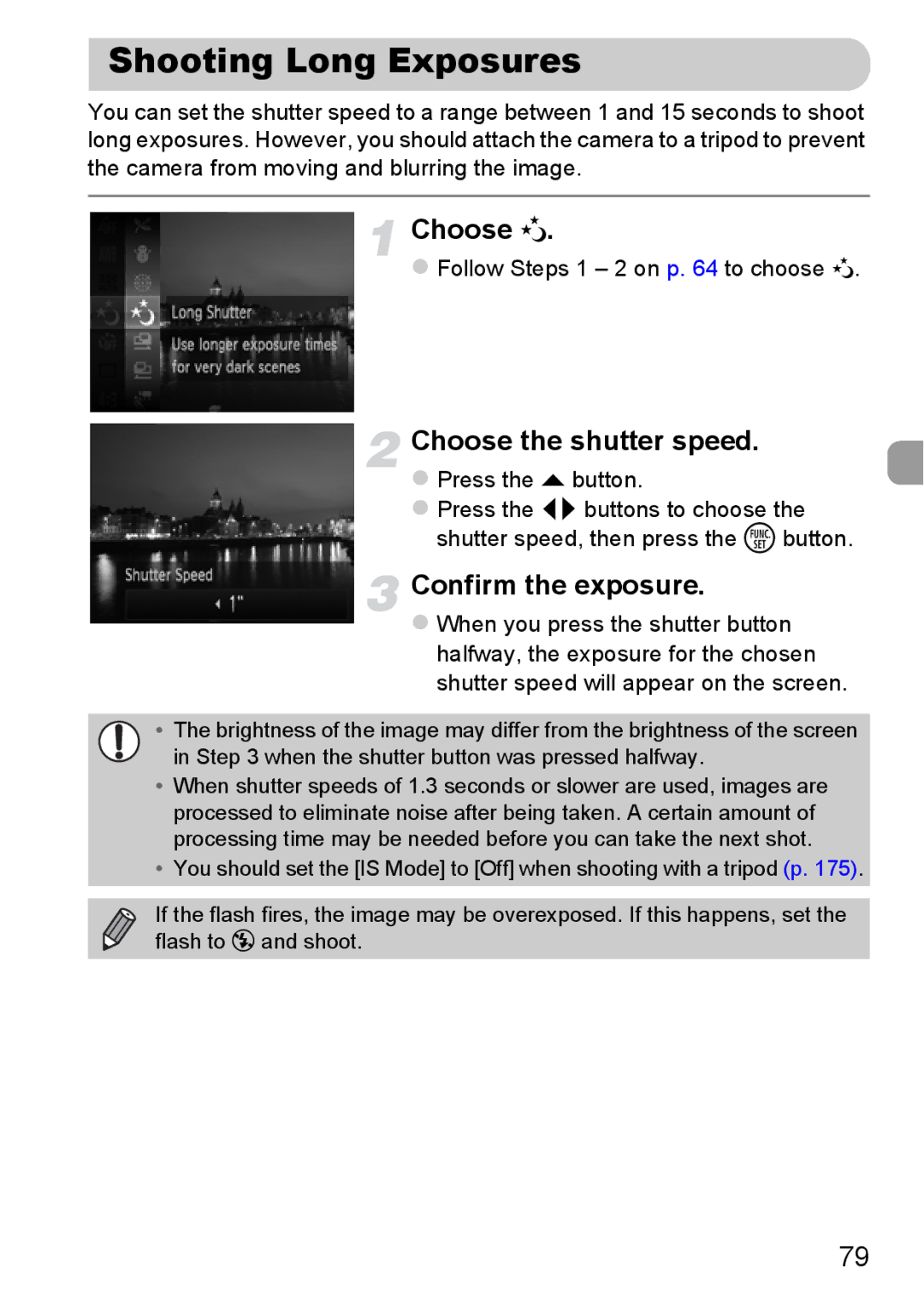 Canon 115 HS, 117 HS manual Shooting Long Exposures, Choose ≈, Choose the shutter speed, Confirm the exposure 