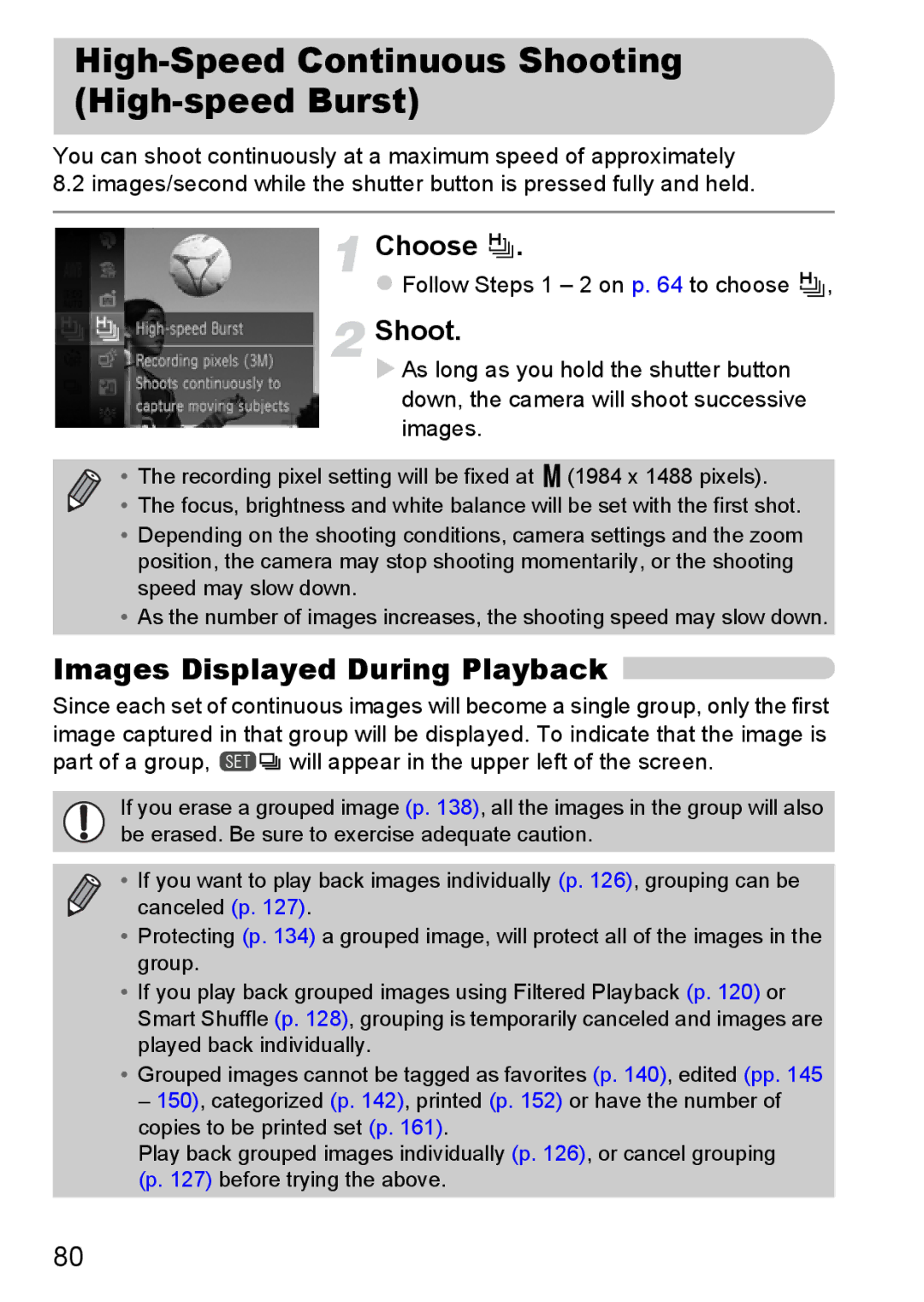 Canon 117 HS, 115 HS manual High-Speed Continuous Shooting High-speed Burst, Images Displayed During Playback 