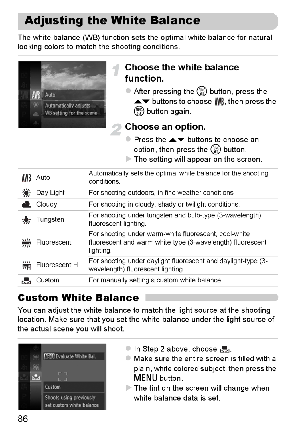 Canon 117 HS, 115 HS manual Adjusting the White Balance, Custom White Balance, Choose the white balance function 