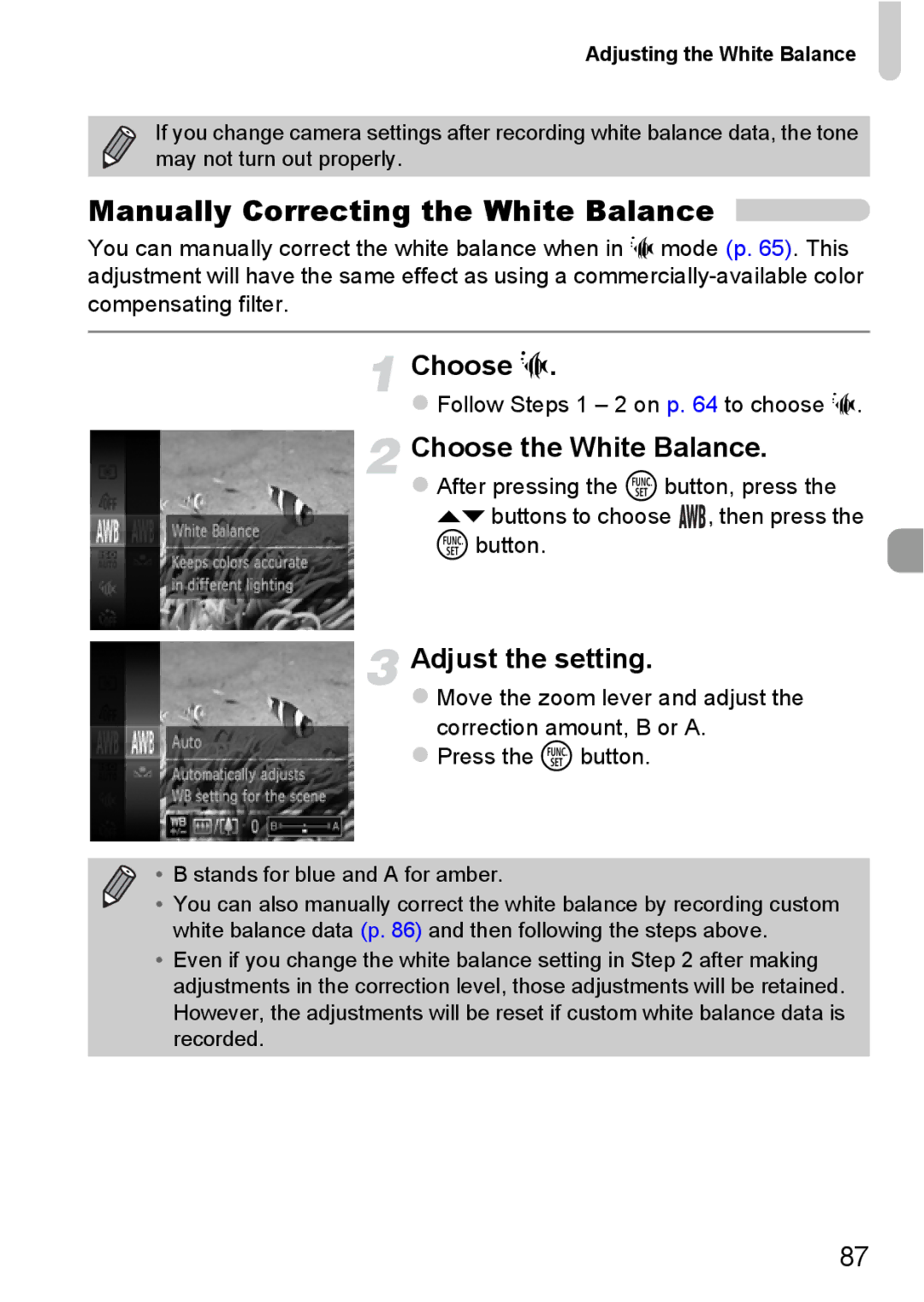 Canon 115 HS, 117 HS manual Manually Correcting the White Balance, Choose S, Choose the White Balance, Adjust the setting 