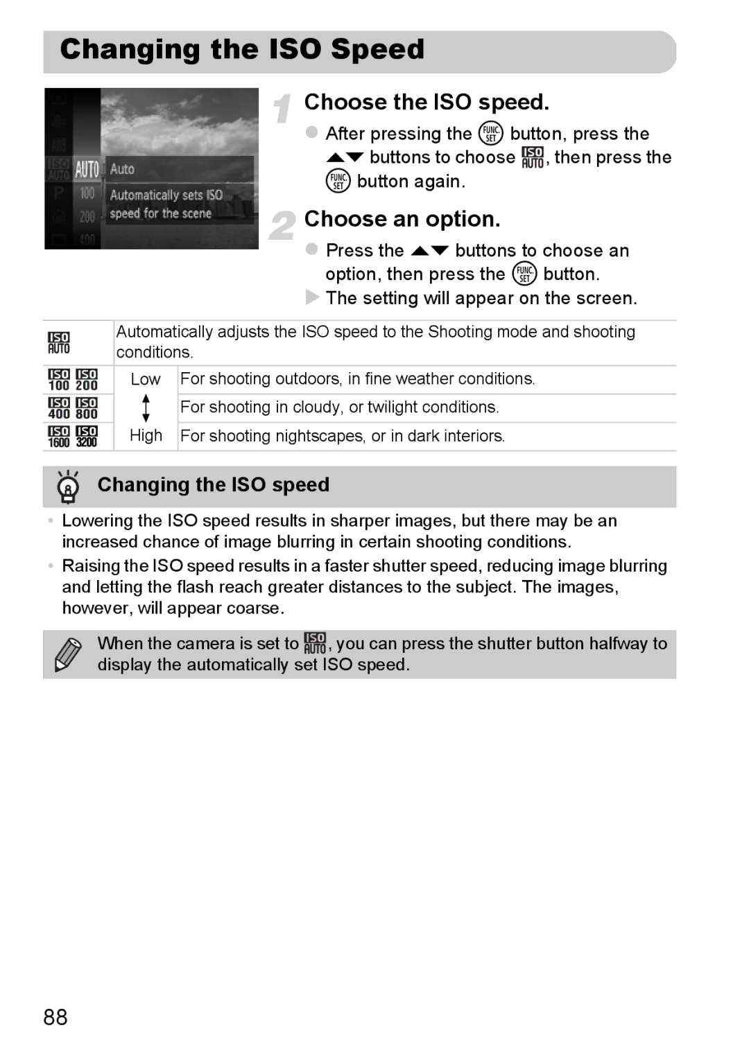 Canon 117 HS, 115 HS manual Changing the ISO Speed, Choose the ISO speed, Changing the ISO speed 