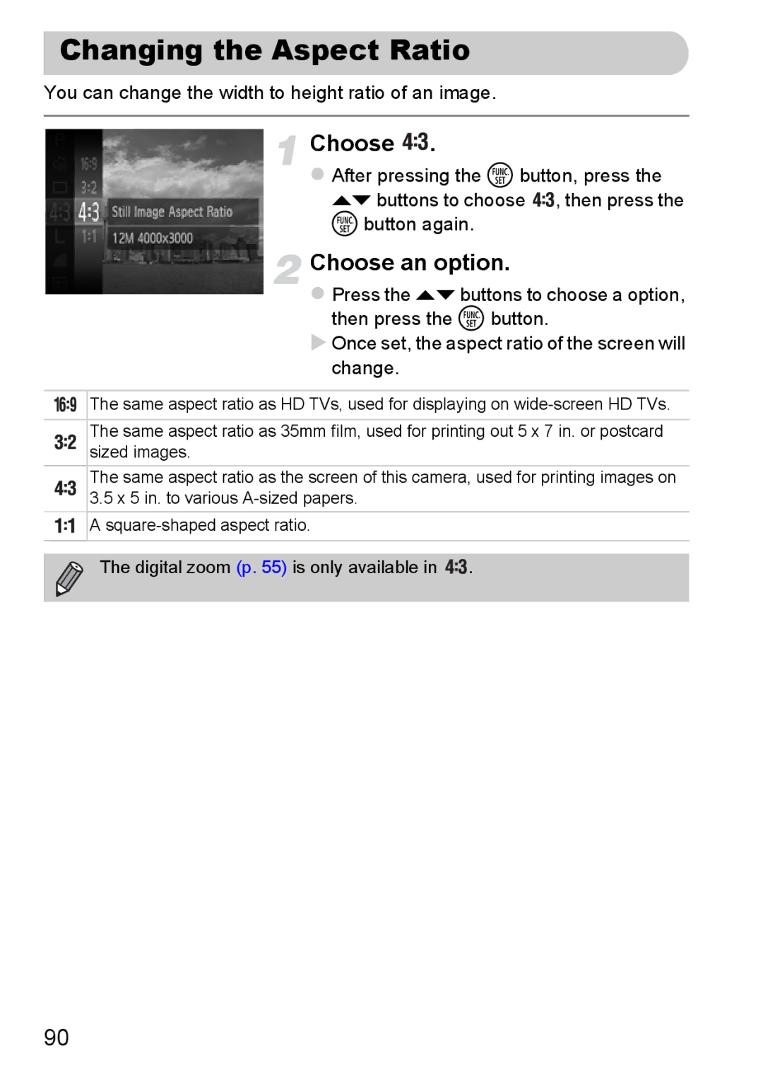 Canon 117 HS, 115 HS manual Changing the Aspect Ratio, You can change the width to height ratio of an image 