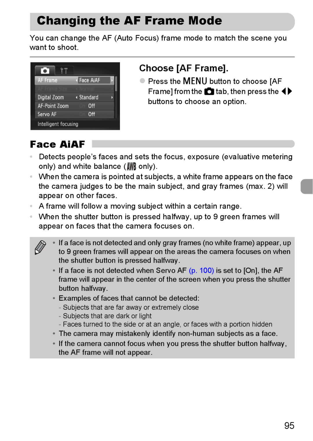 Canon 115 HS, 117 HS manual Changing the AF Frame Mode, Face AiAF, Choose AF Frame 