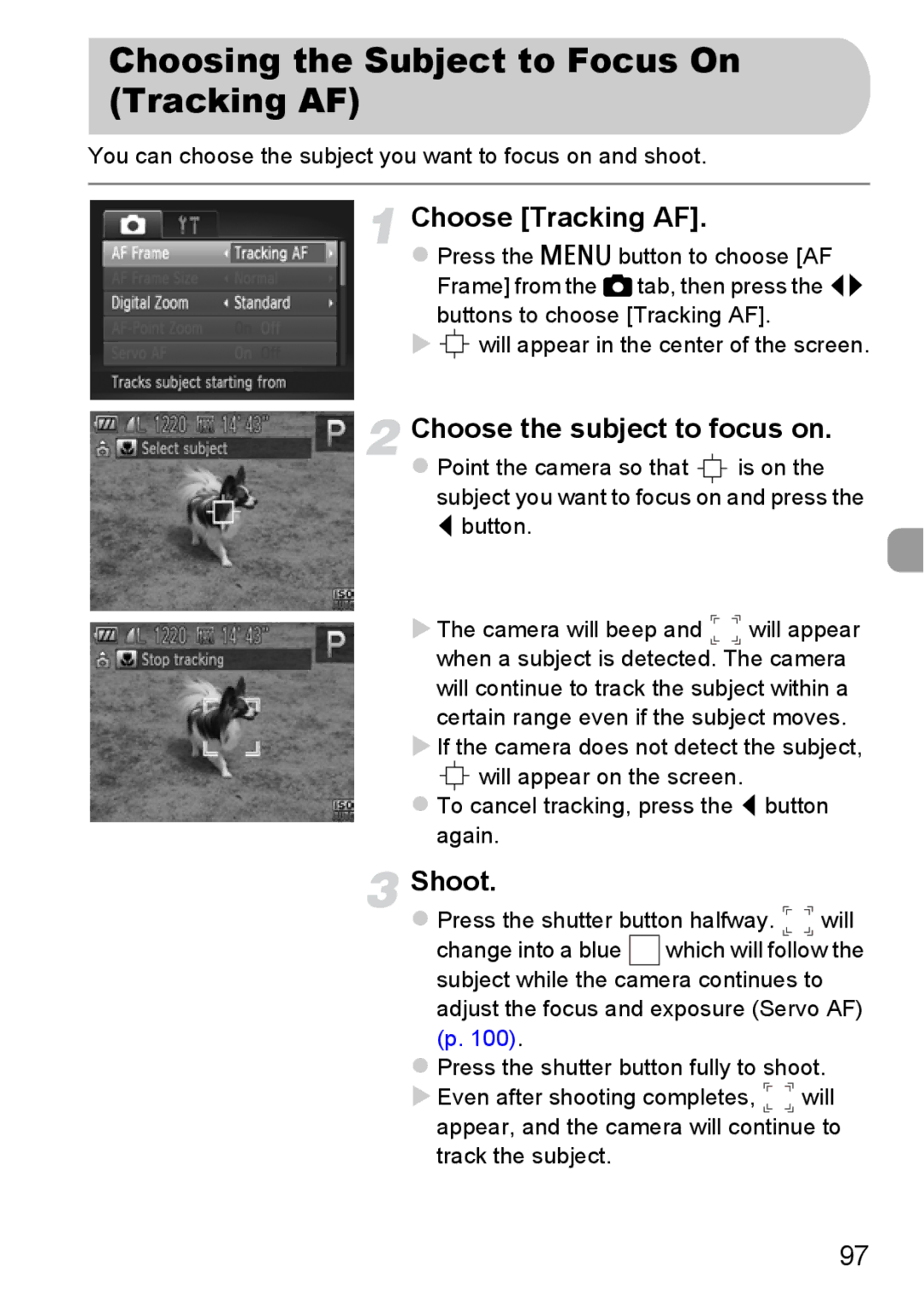 Canon 115 HS, 117 HS manual Choosing the Subject to Focus On Tracking AF, Choose Tracking AF, Choose the subject to focus on 