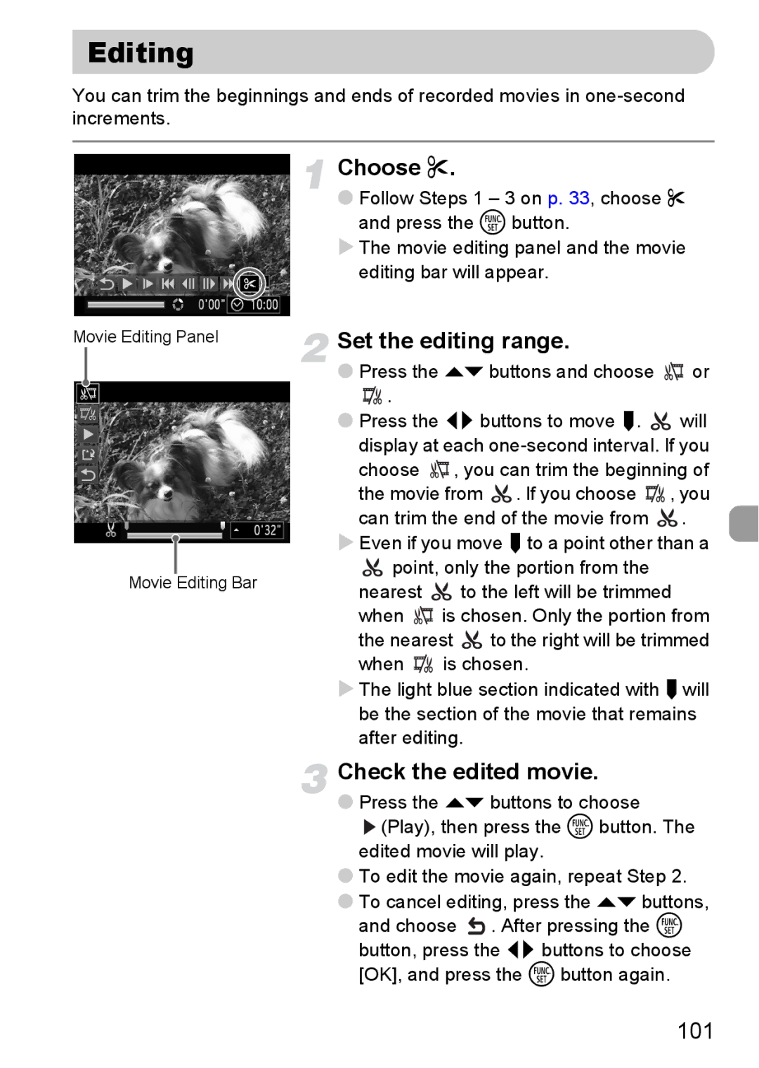 Canon 120 IS manual Editing, Set the editing range, Check the edited movie 