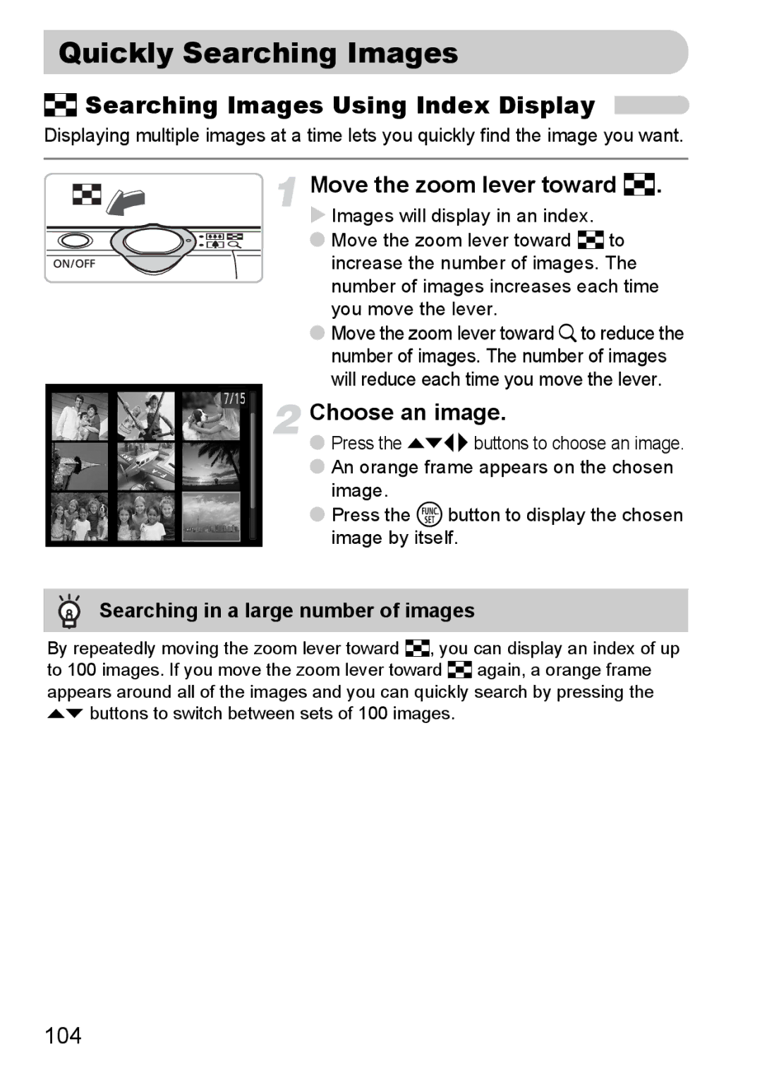 Canon 120 IS manual Quickly Searching Images, Searching Images Using Index Display, Move the zoom lever toward g 