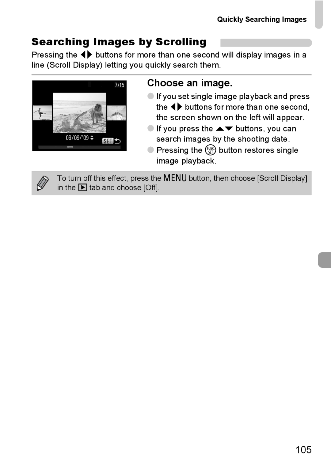Canon 120 IS manual Searching Images by Scrolling, Quickly Searching Images 