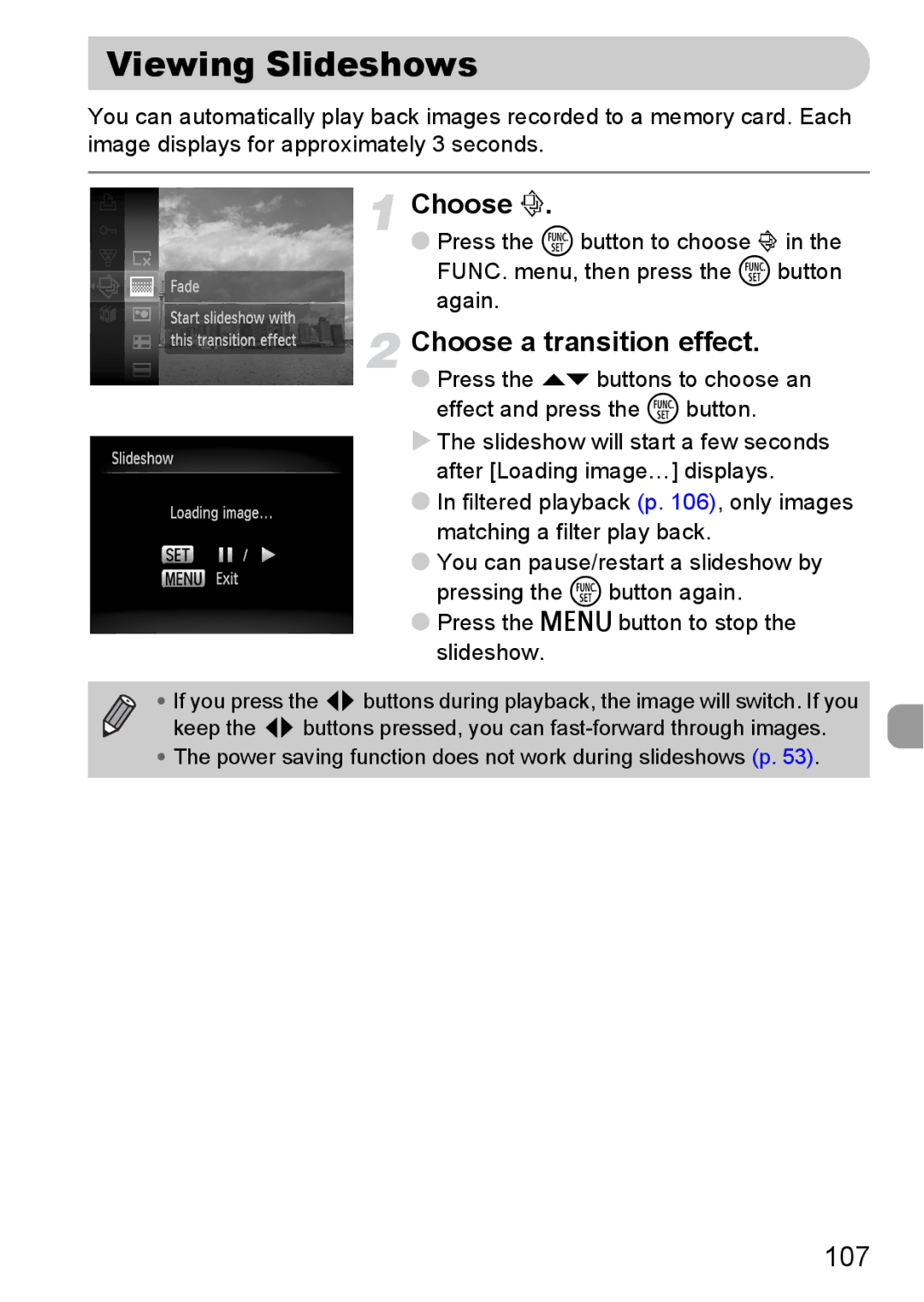 Canon 120 IS manual Viewing Slideshows, Choose a transition effect 