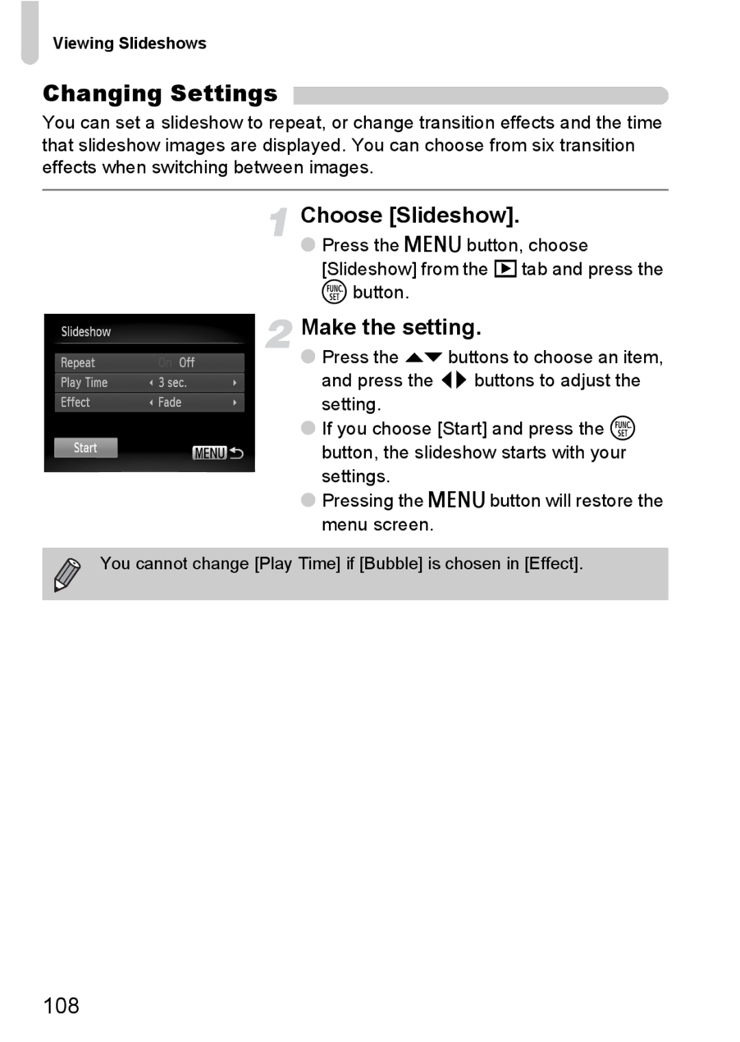 Canon 120 IS manual Changing Settings, Choose Slideshow, Viewing Slideshows 