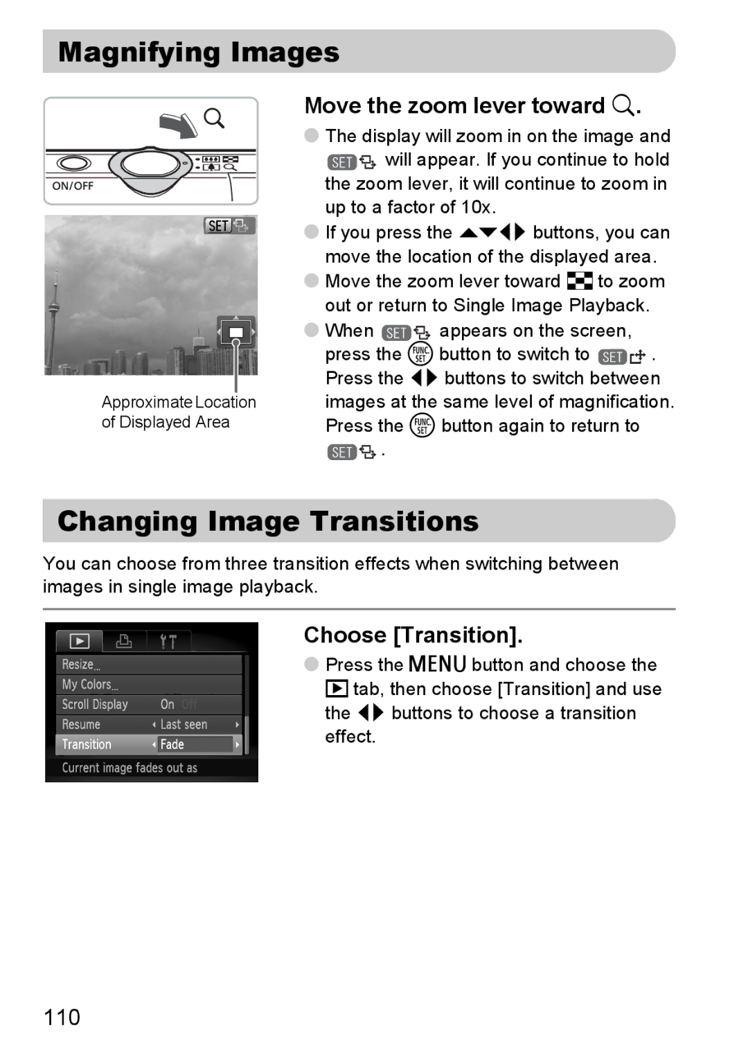 Canon 120 IS manual Magnifying Images, Changing Image Transitions, Move the zoom lever toward k, Choose Transition 