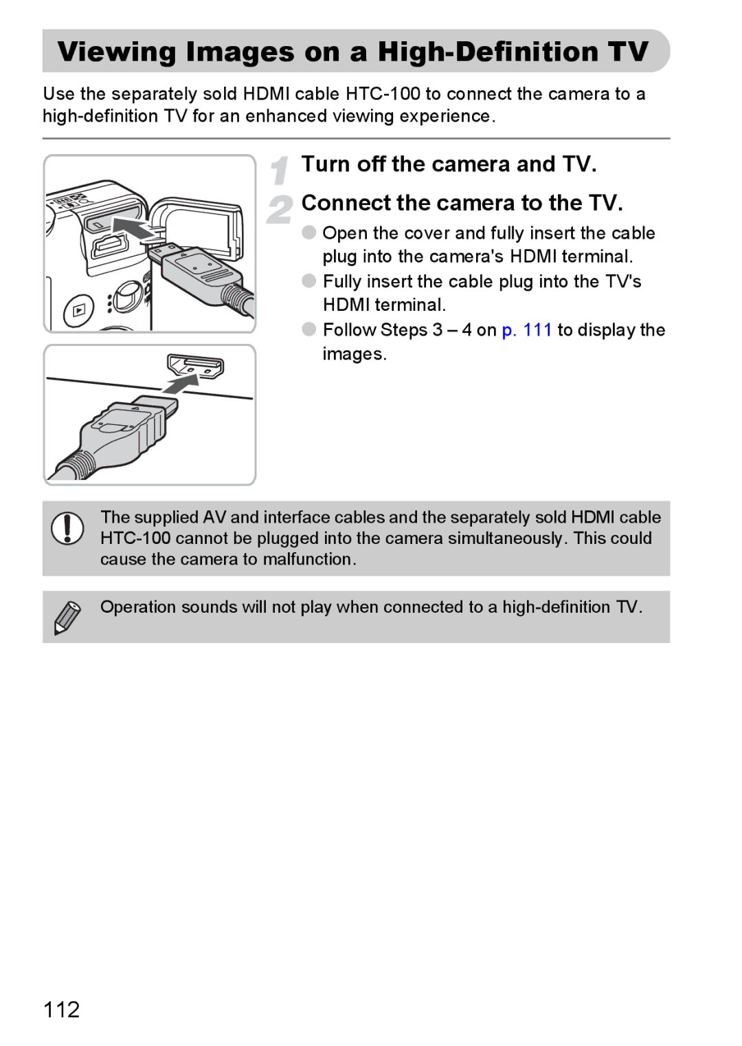 Canon 120 IS manual Viewing Images on a High-Definition TV, Turn off the camera and TV Connect the camera to the TV 