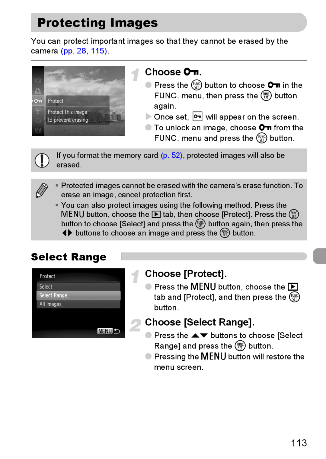 Canon 120 IS manual Protecting Images, Choose Protect, Choose Select Range 