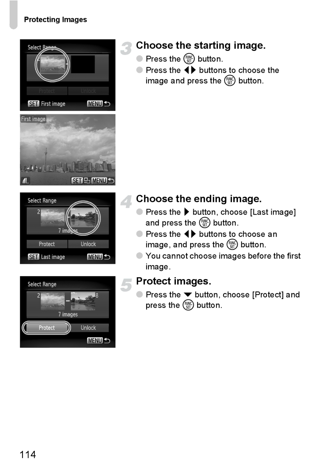 Canon 120 IS manual Choose the starting image, Choose the ending image, Protect images, Protecting Images 