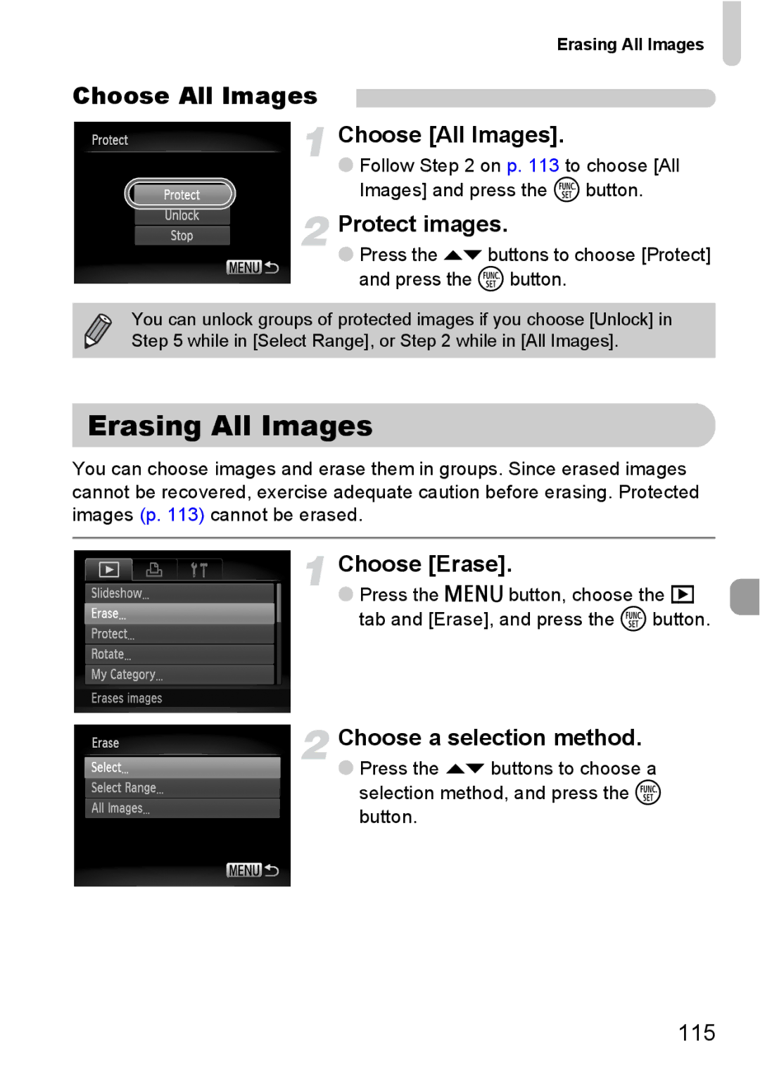 Canon 120 IS manual Erasing All Images, Choose All Images, Choose Erase, Choose a selection method 