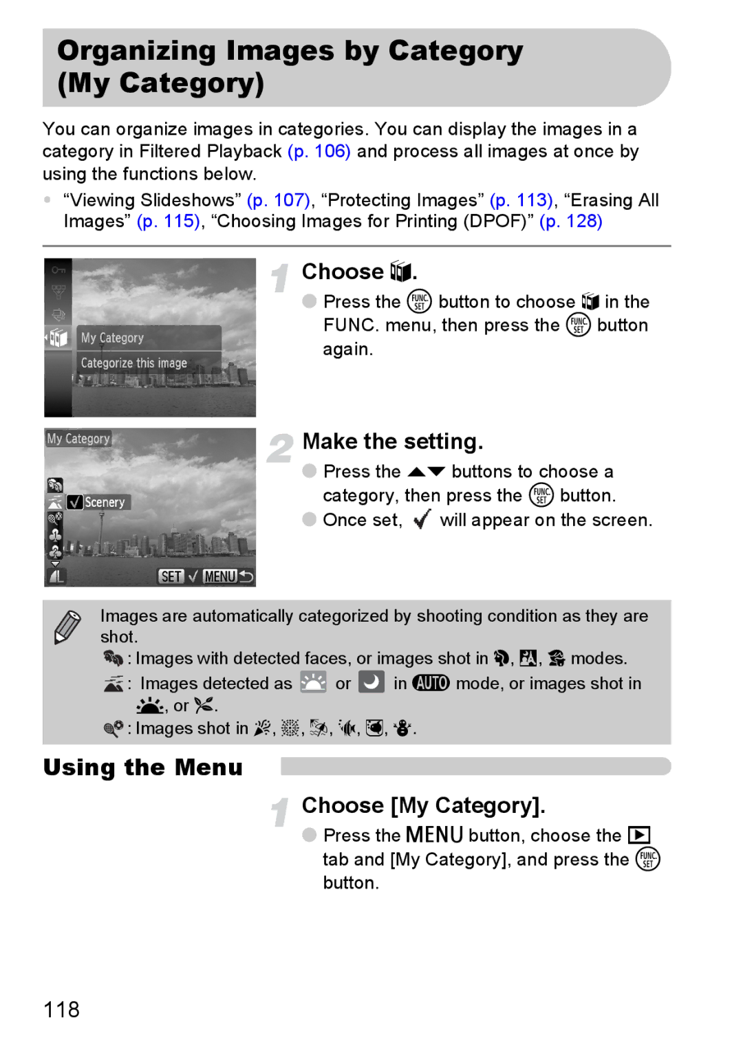 Canon 120 IS manual Organizing Images by Category My Category, Using the Menu, Choose My Category 