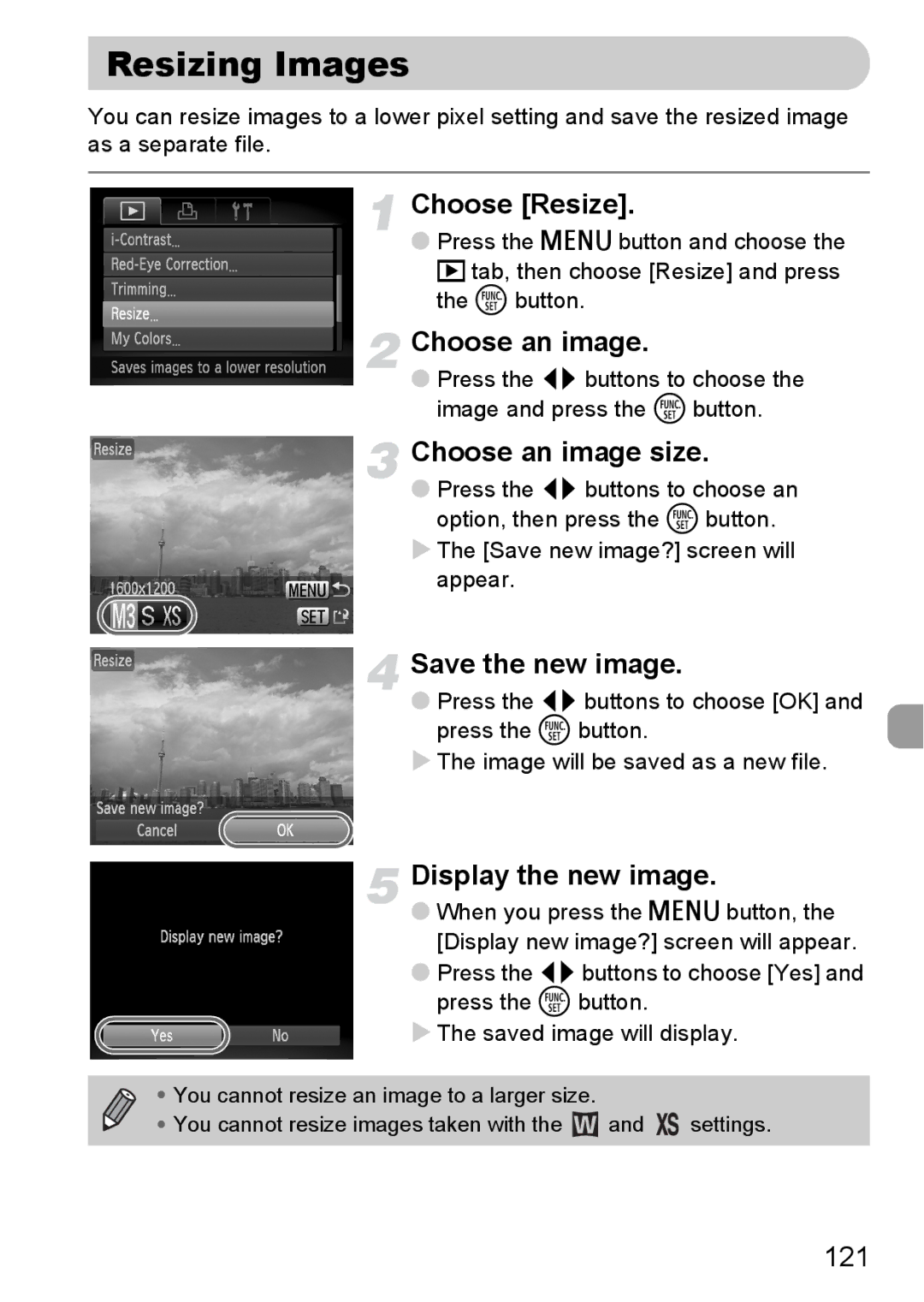 Canon 120 IS manual Resizing Images, Choose Resize, Choose an image size, Save the new image, Display the new image 