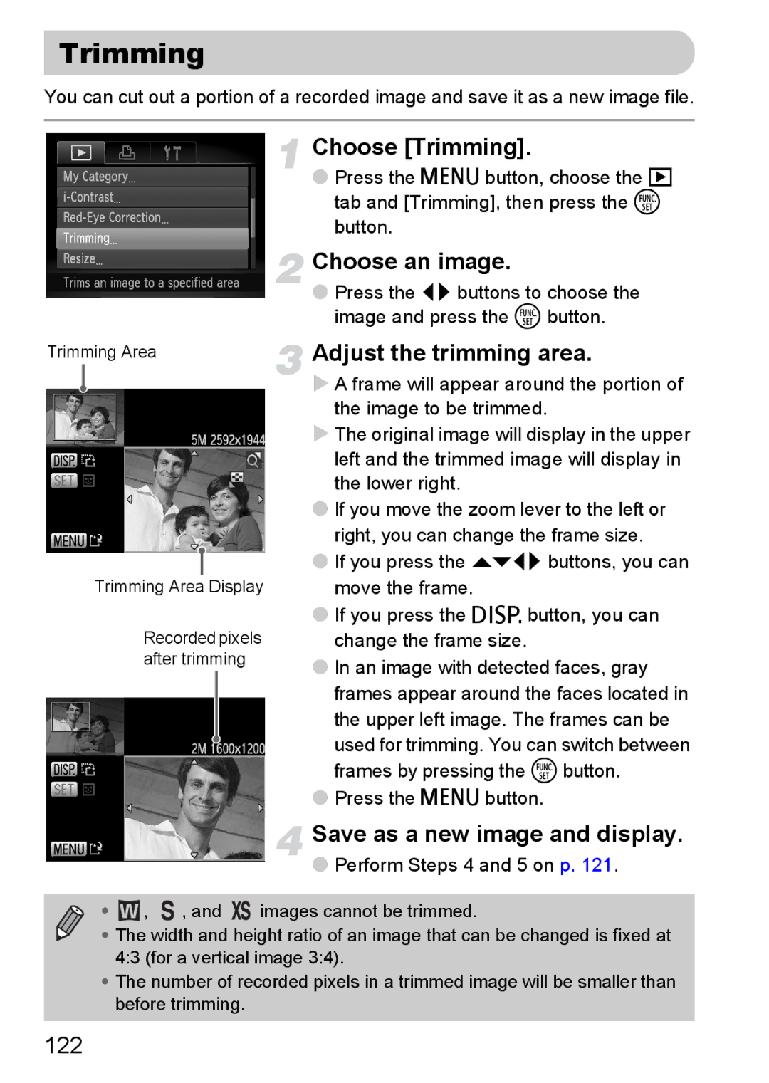 Canon 120 IS manual Choose Trimming, Adjust the trimming area, Save as a new image and display 