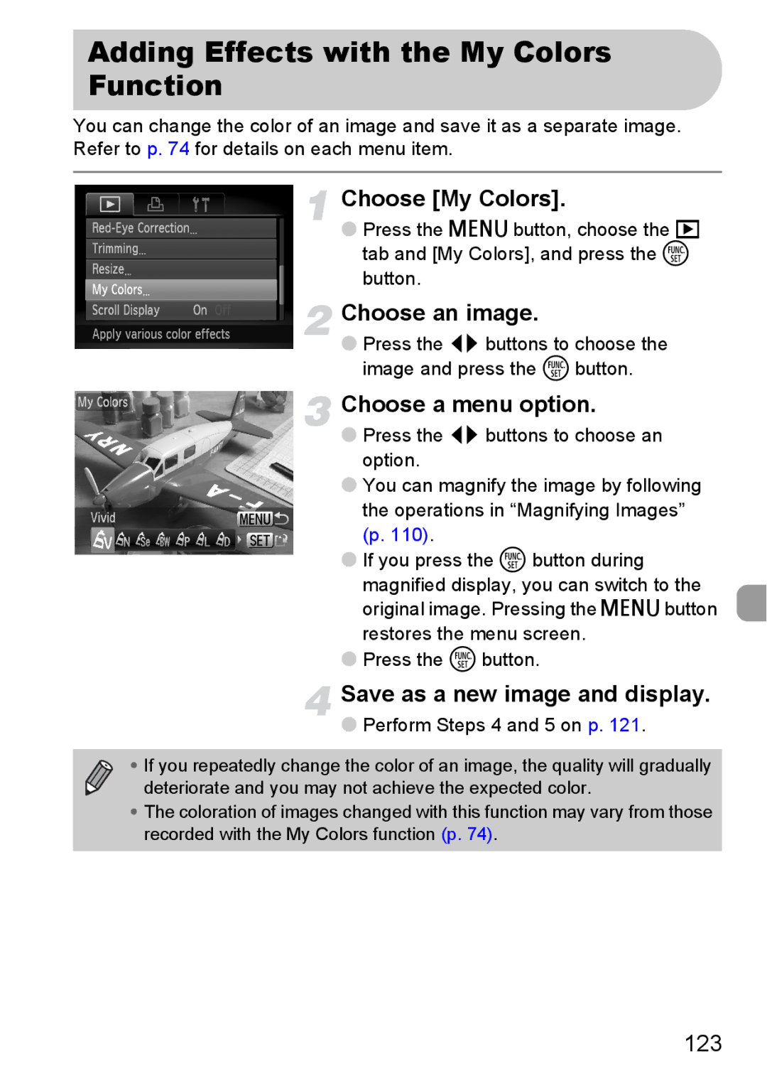 Canon 120 IS manual Adding Effects with the My Colors Function, Choose a menu option 