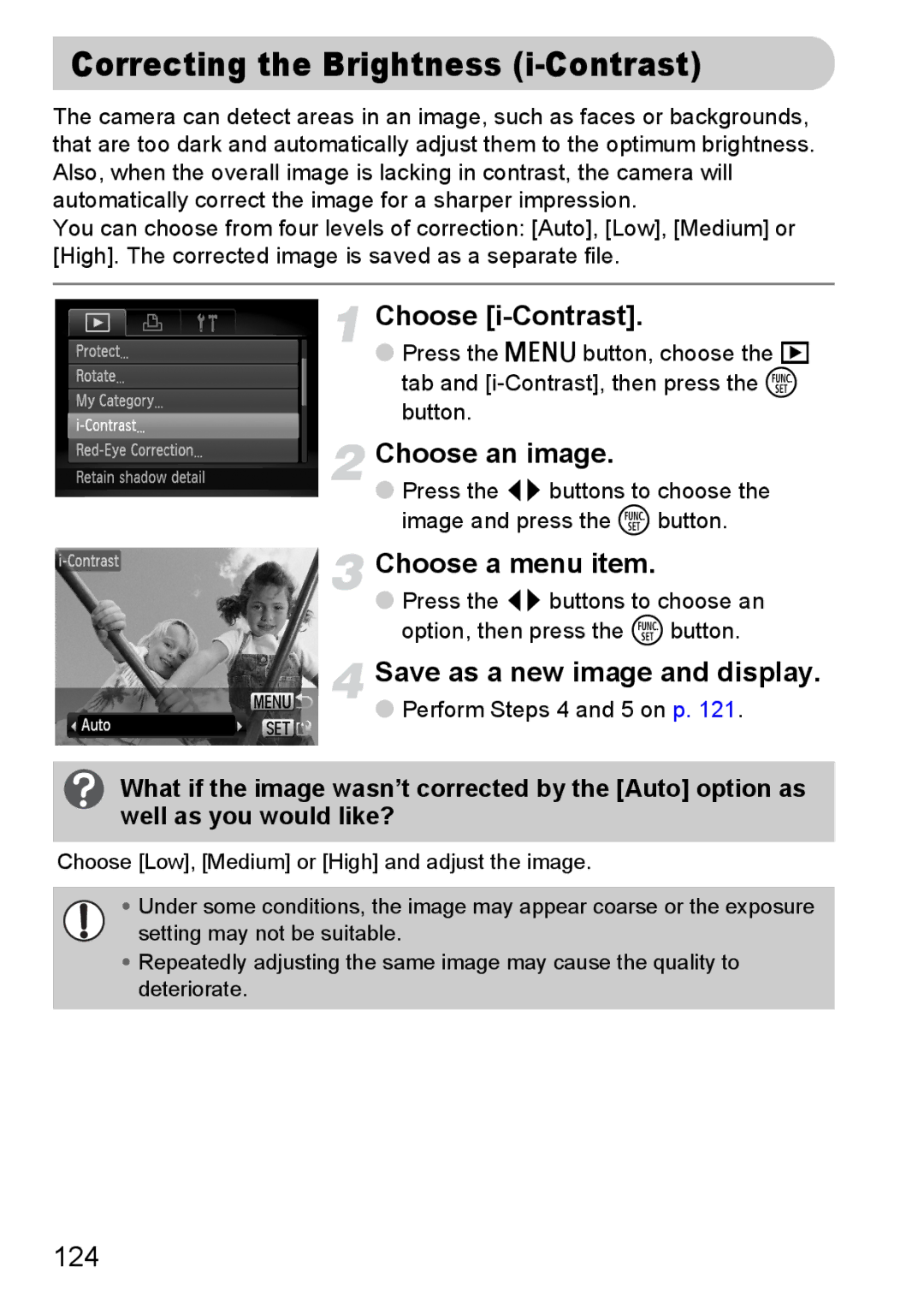 Canon 120 IS manual Correcting the Brightness i-Contrast, Choose i-Contrast 