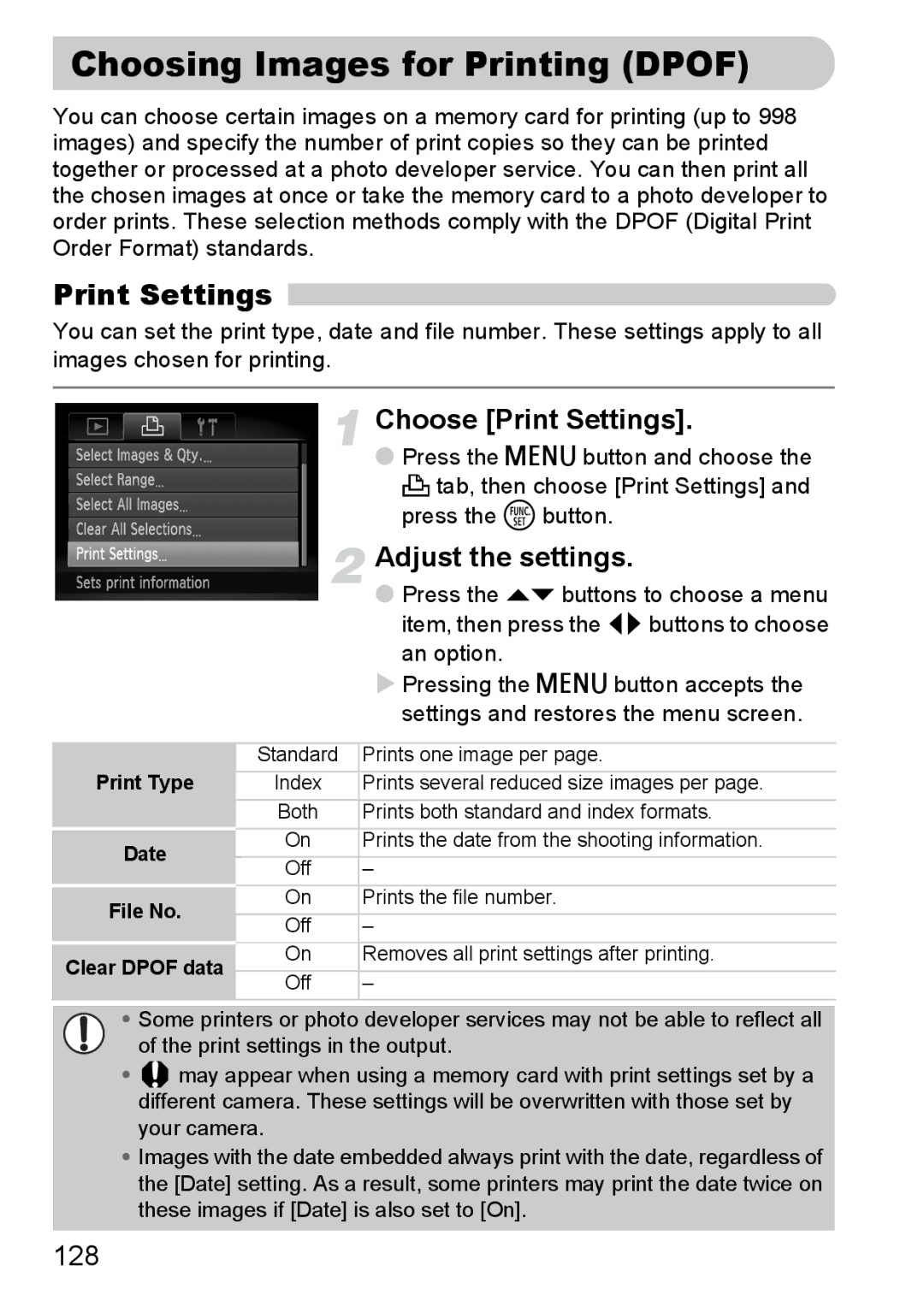 Canon 120 IS manual Choosing Images for Printing Dpof, Choose Print Settings, Adjust the settings, Print Type 