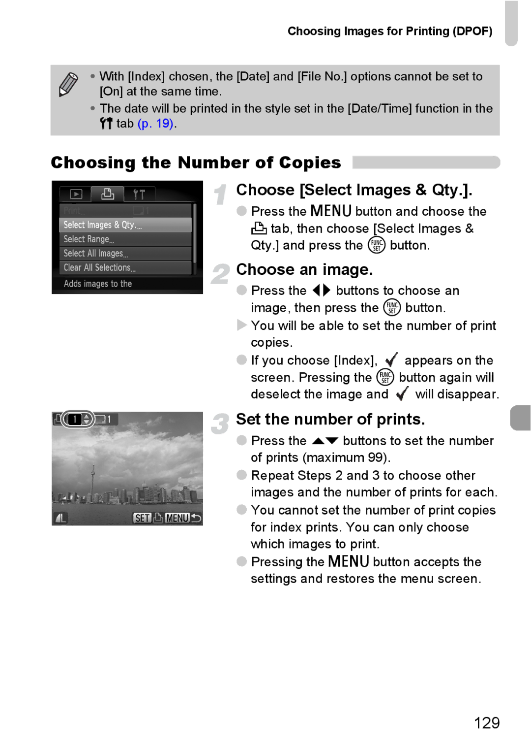 Canon 120 IS manual Choosing the Number of Copies, Choose Select Images & Qty, Set the number of prints 