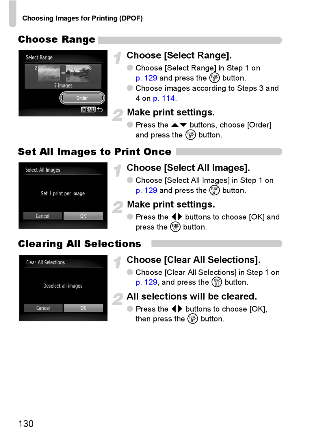 Canon 120 IS manual Choose Range, Set All Images to Print Once, Clearing All Selections 