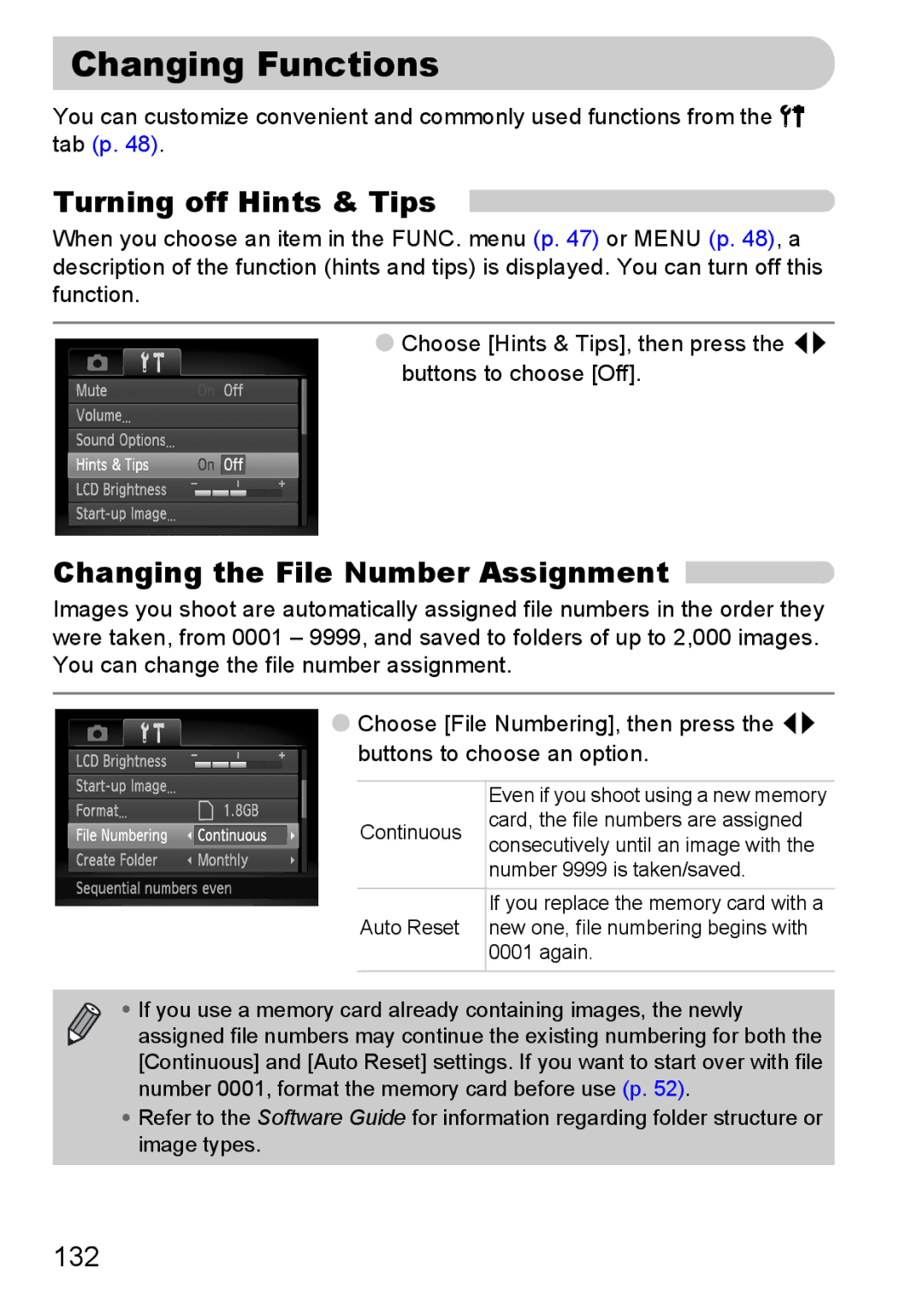 Canon 120 IS manual Changing Functions, Turning off Hints & Tips, Changing the File Number Assignment 